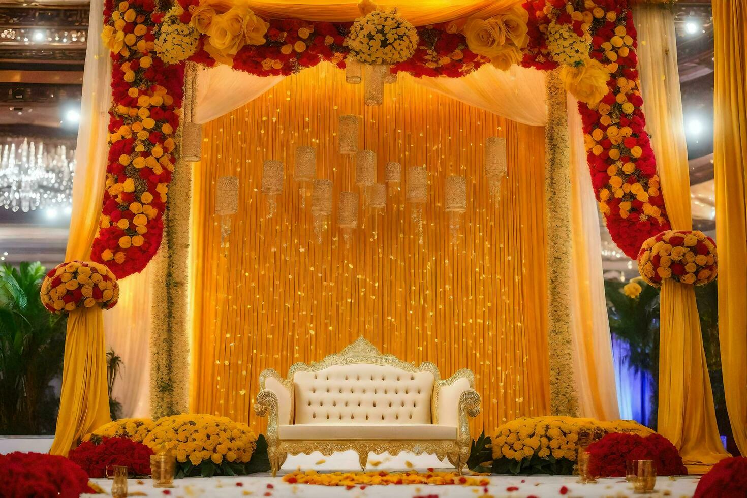 a wedding stage decorated with yellow and red flowers. AI-Generated photo