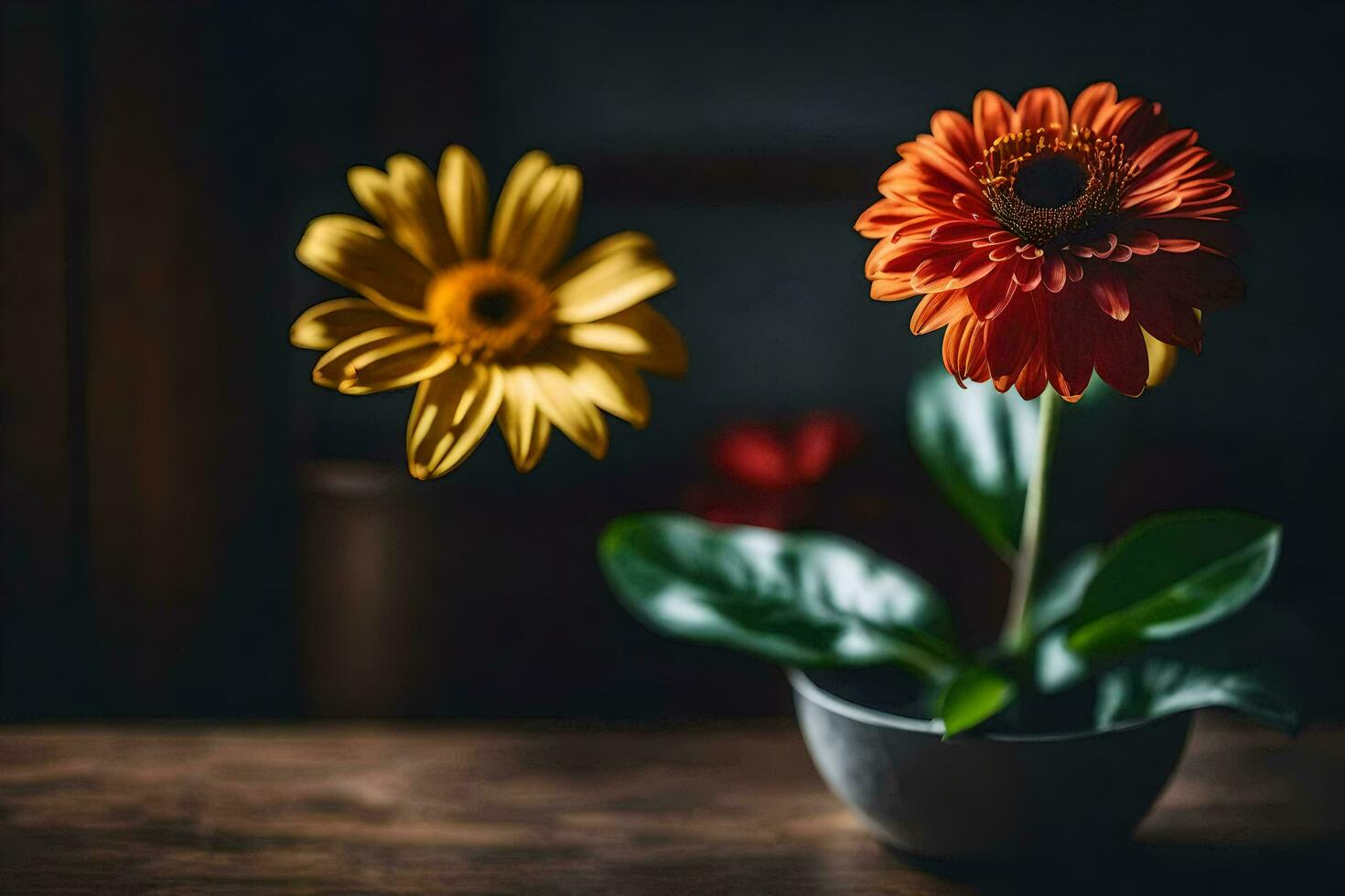 two flowers in a vase on a table. AI-Generated photo