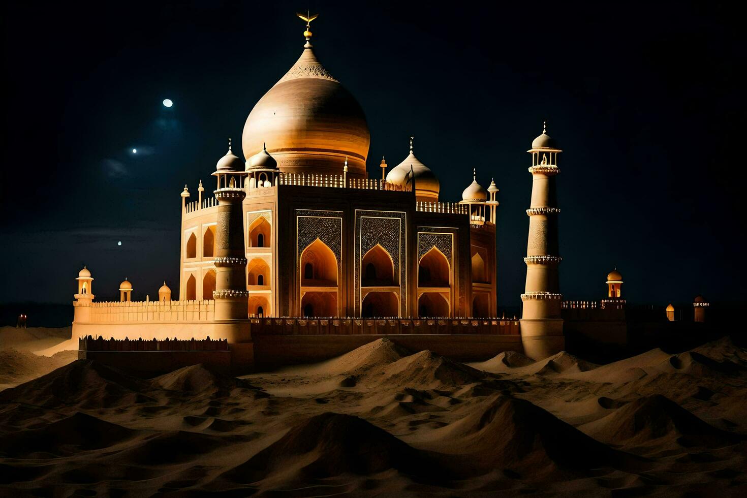 the taj mahal is lit up at night. AI-Generated photo