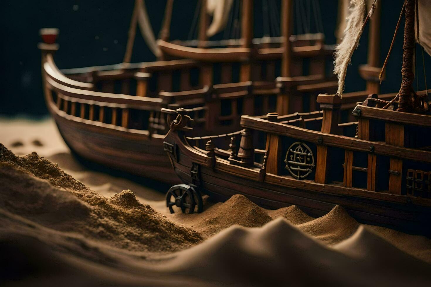 a model of a ship in the sand. AI-Generated photo