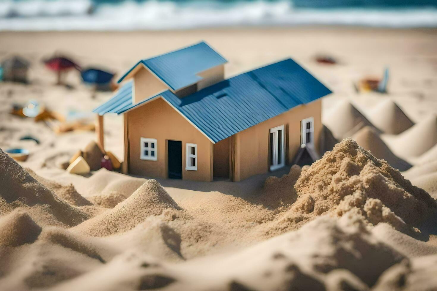 a small house is sitting in the sand on the beach. AI-Generated photo