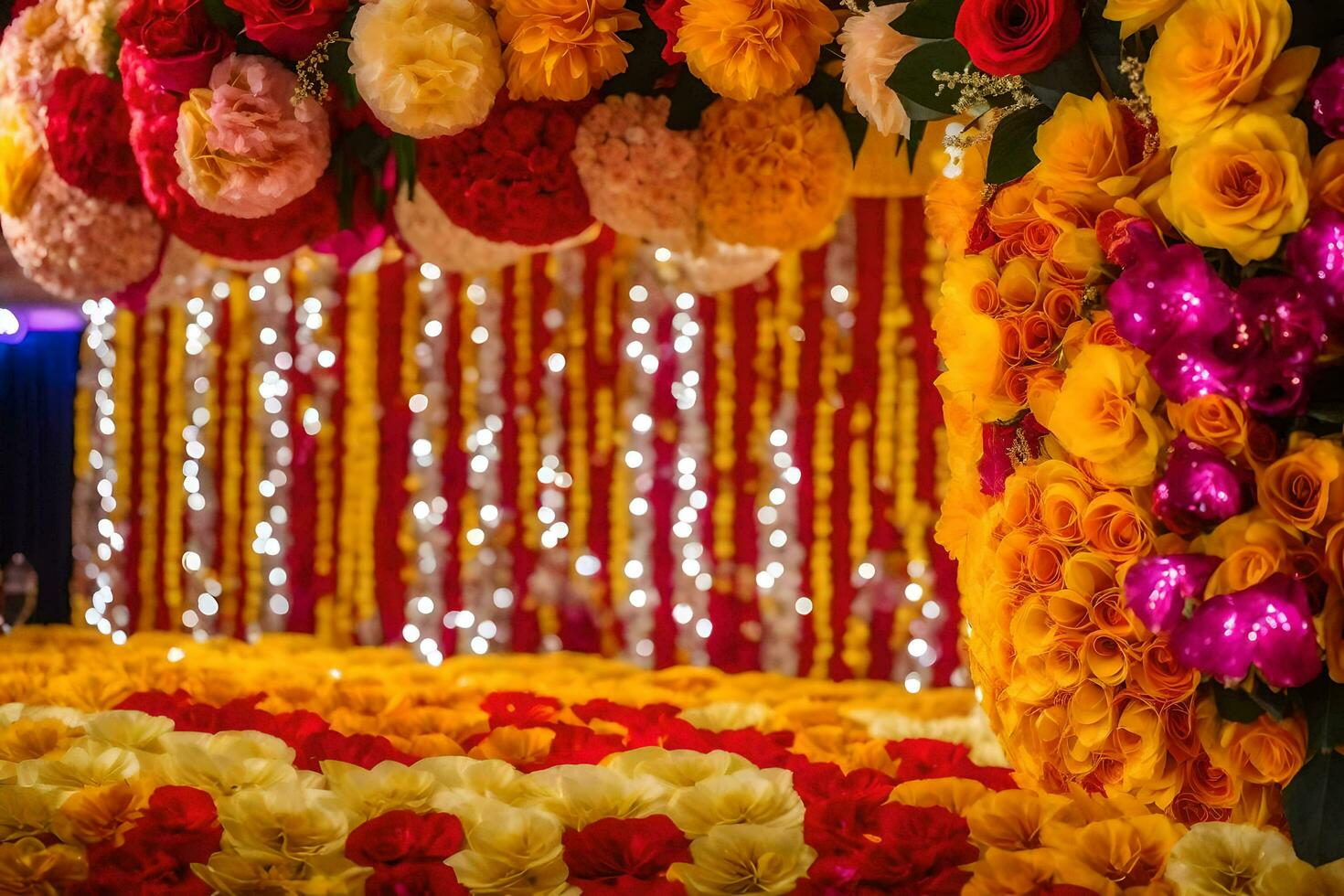 a colorful display of flowers and garlands. AI-Generated photo