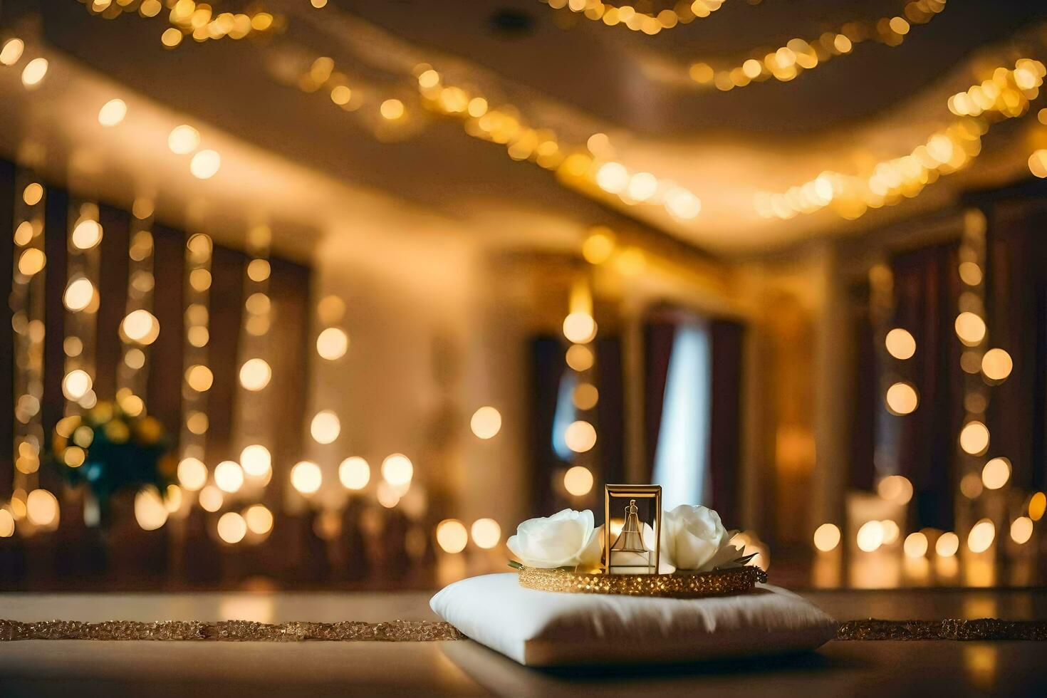 Boda anillos en un almohada en un habitación con luces. generado por ai foto