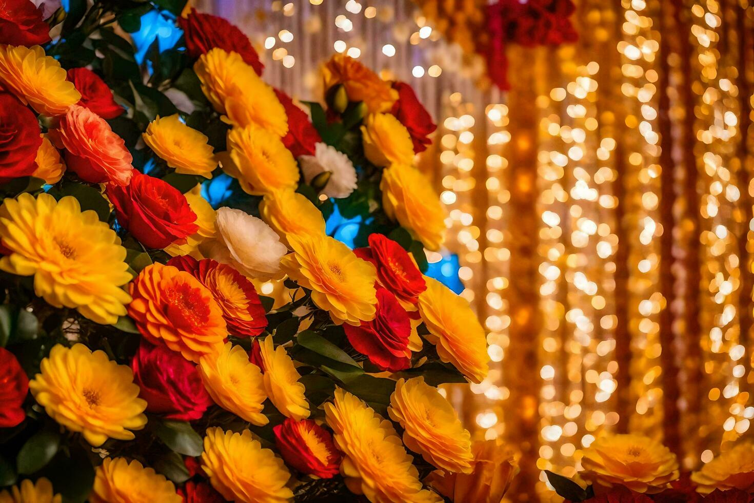 a colorful arrangement of flowers in front of a lighted backdrop. AI-Generated photo