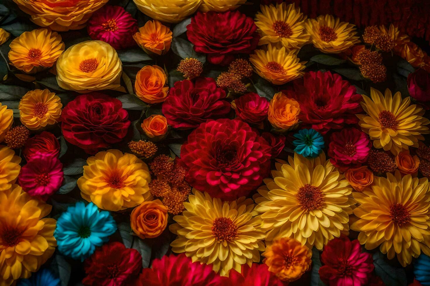 colorful flowers arranged in a pattern on a black background. AI-Generated photo