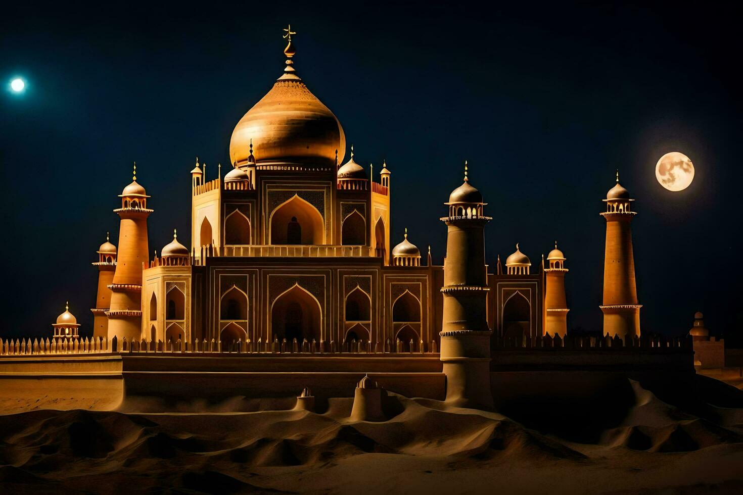 the taj mahal is lit up at night. AI-Generated photo
