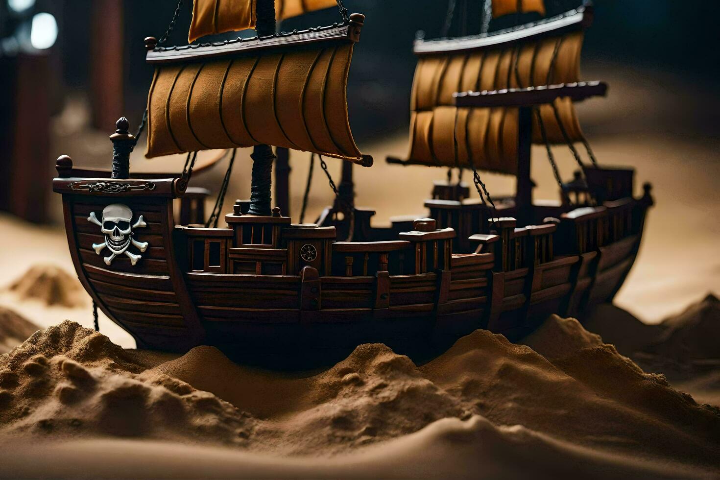 a pirate ship is sitting in the sand. AI-Generated photo