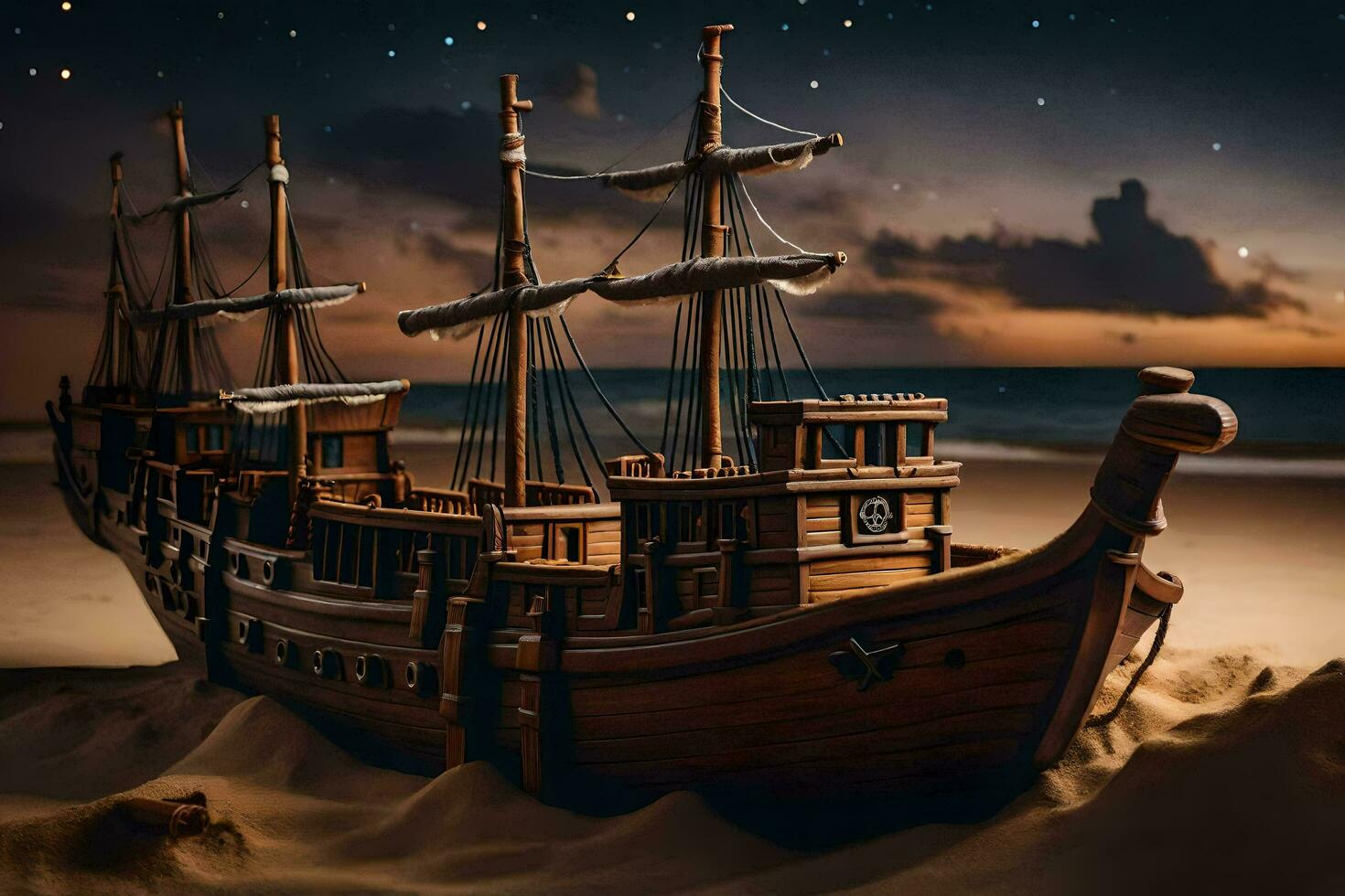 a model ship on the beach at night. AI-Generated photo