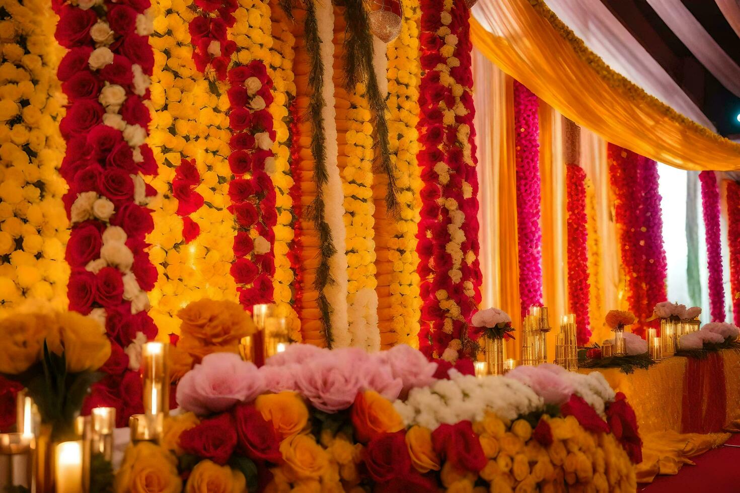 a wedding reception with colorful flowers and candles. AI-Generated photo