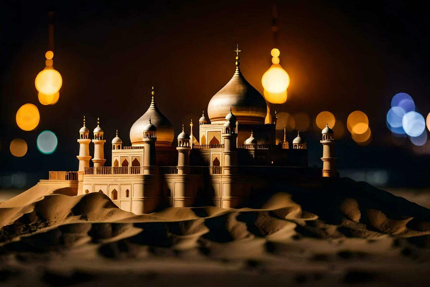 a model of a mosque in the desert. AI-Generated photo