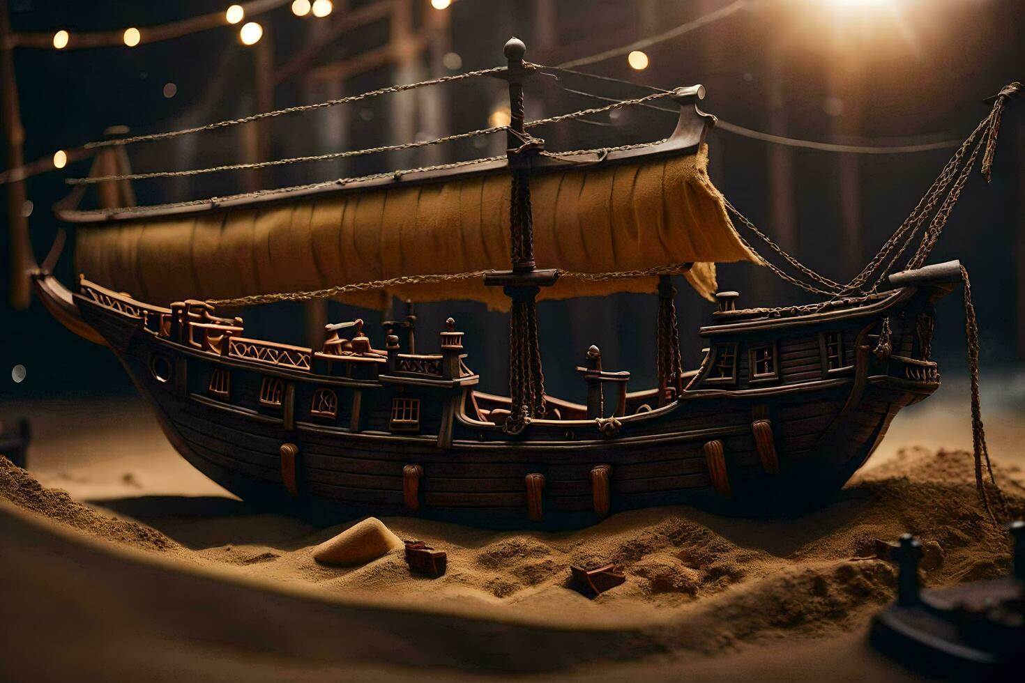 a model of a ship in the sand. AI-Generated photo