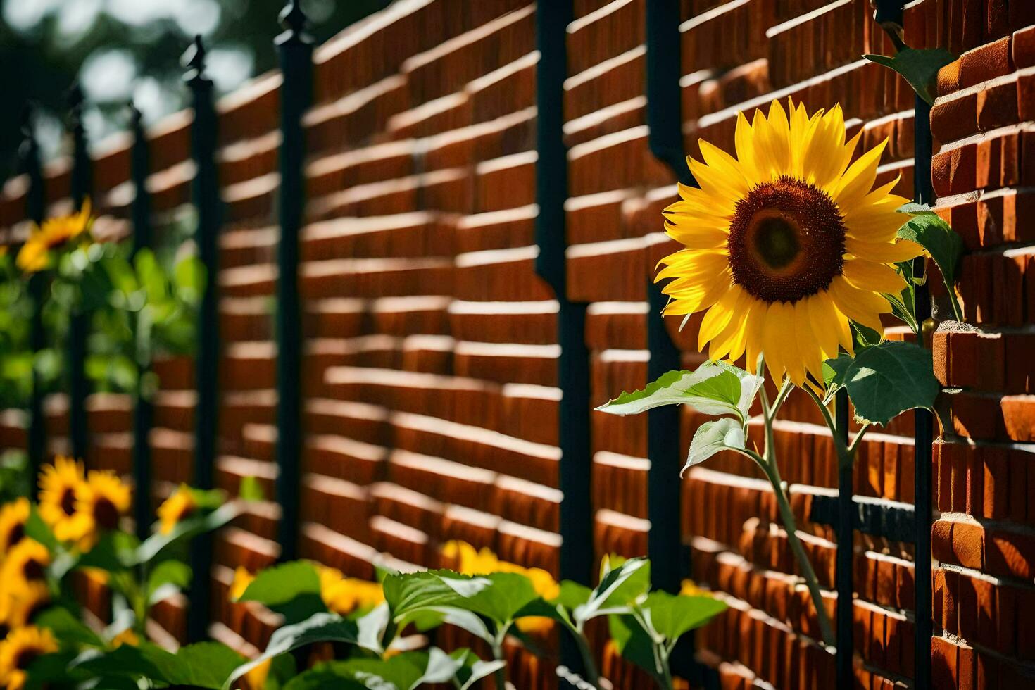 a sunflower is growing in front of a brick fence. AI-Generated photo