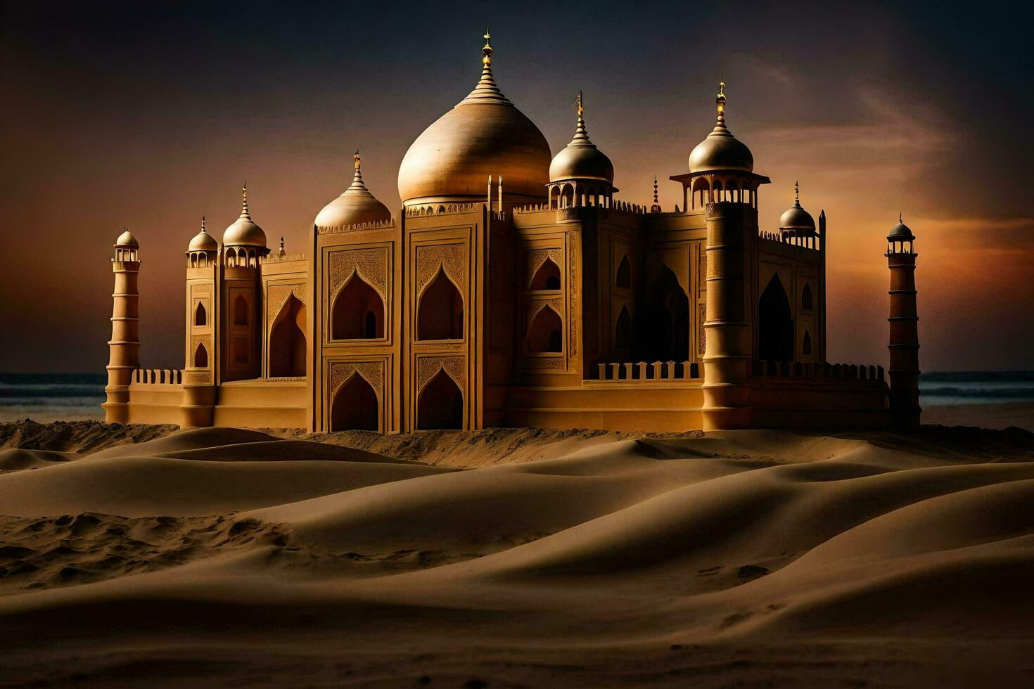 a golden taj mahal in the desert. AI-Generated photo