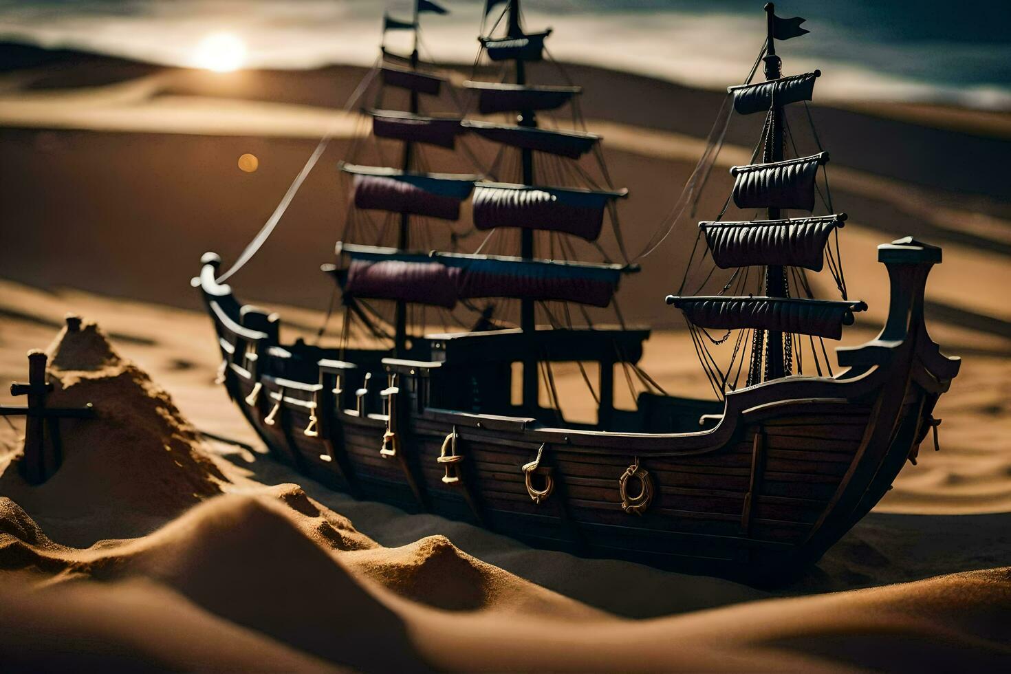 a model ship in the desert. AI-Generated photo