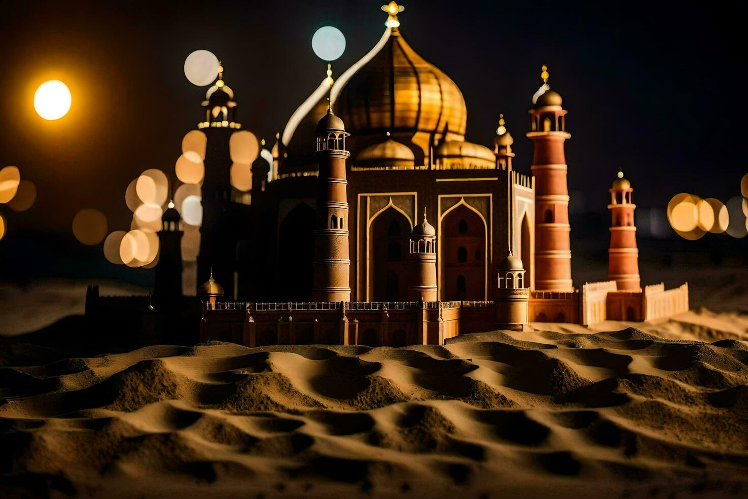 a model of a mosque in the desert at night. AI-Generated photo