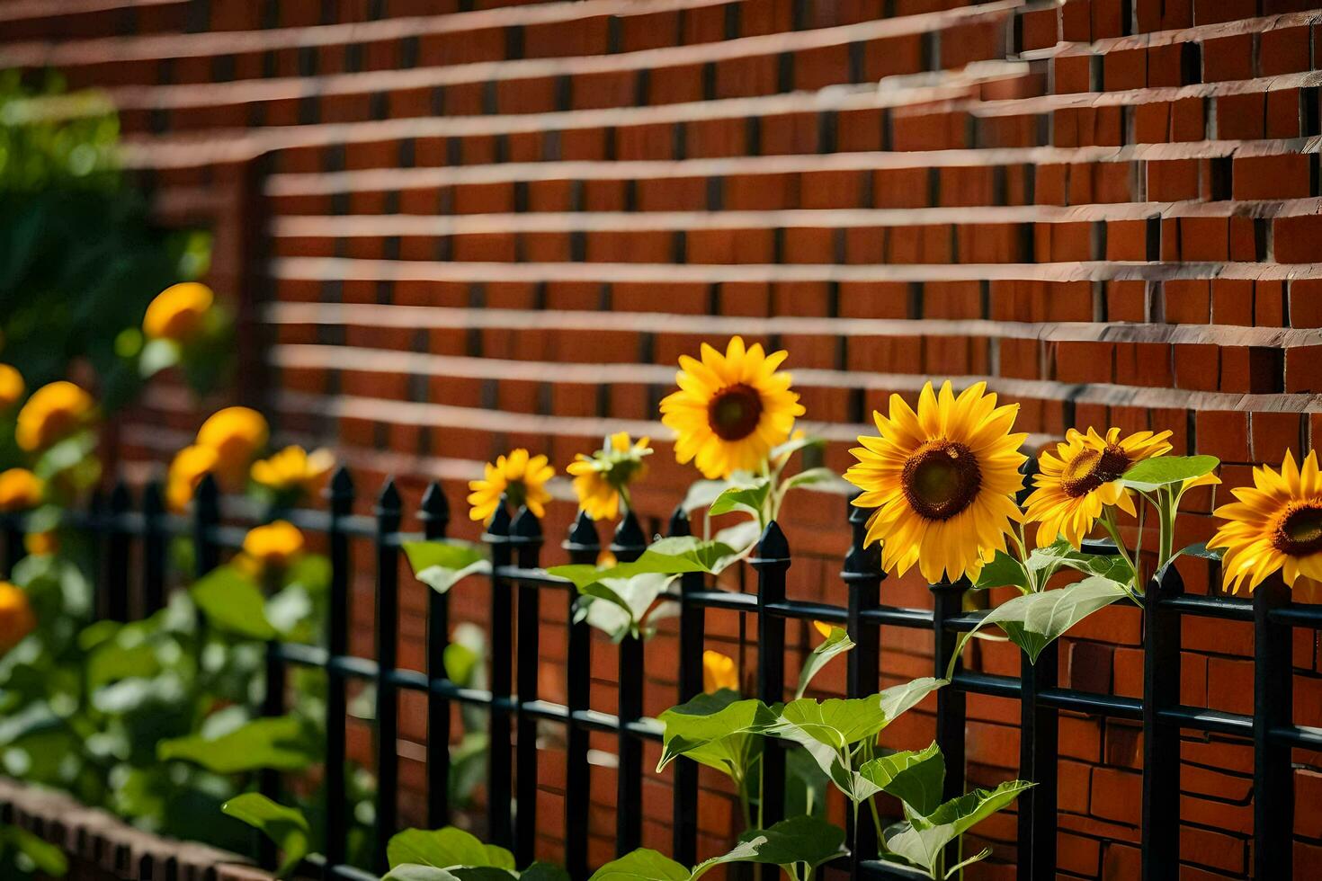 sunflowers are growing along a fence near a brick wall. AI-Generated photo