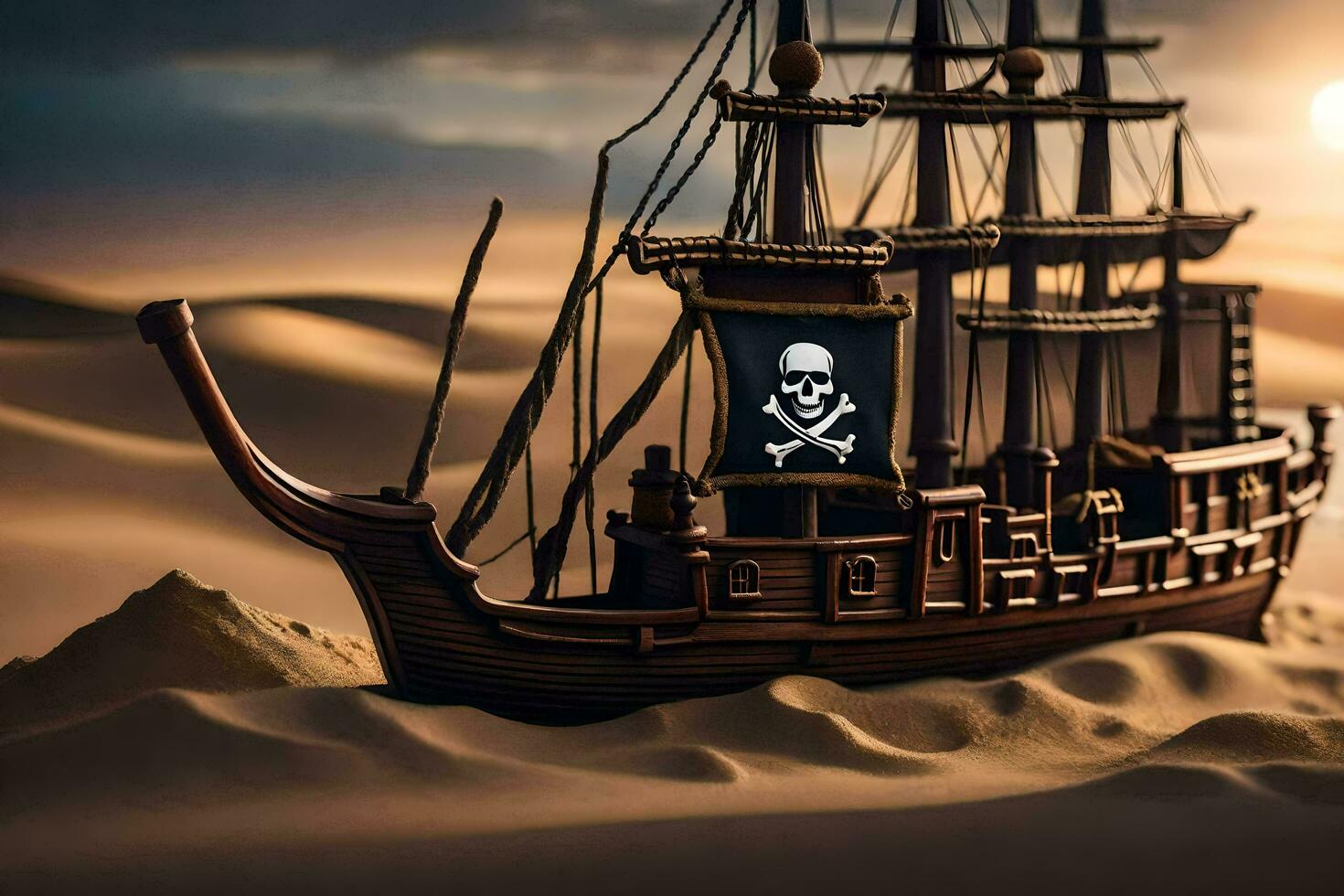 a pirate ship in the desert with a skull and crossbones. AI-Generated photo