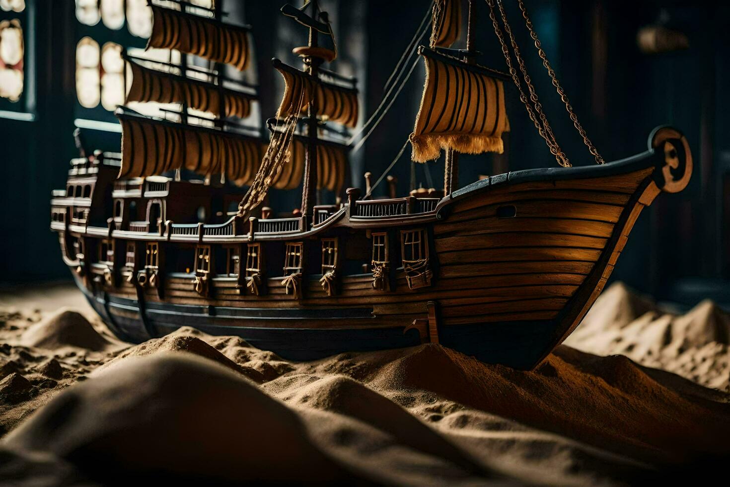 a model of a pirate ship in the sand. AI-Generated photo