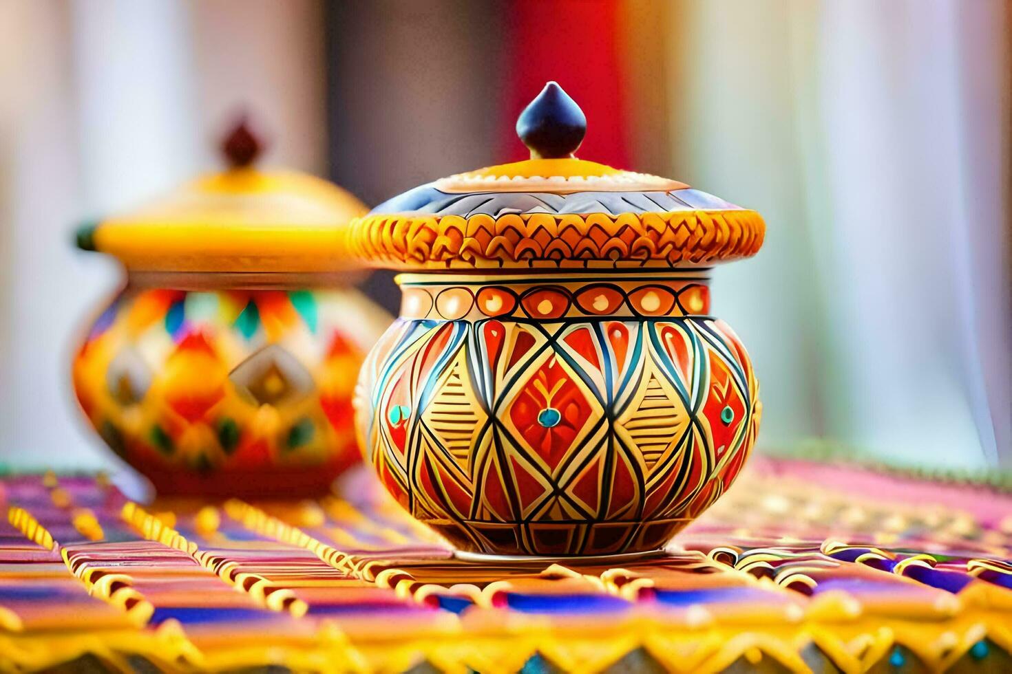 colorful ceramic pots on a table. AI-Generated photo
