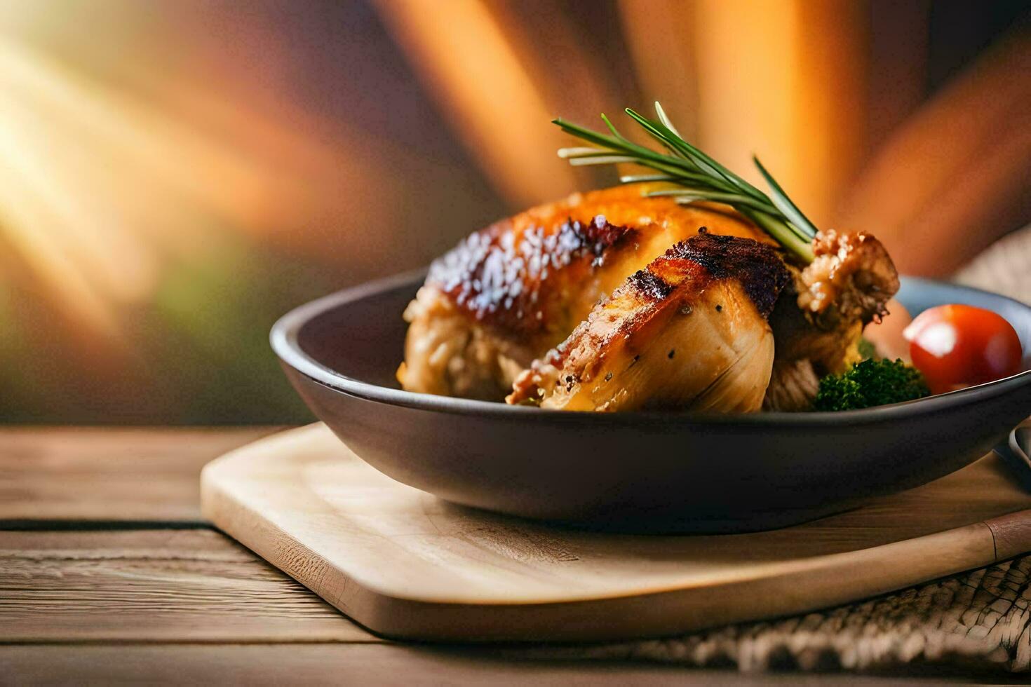 a chicken breast is served on a wooden table with a knife and fork. AI-Generated photo