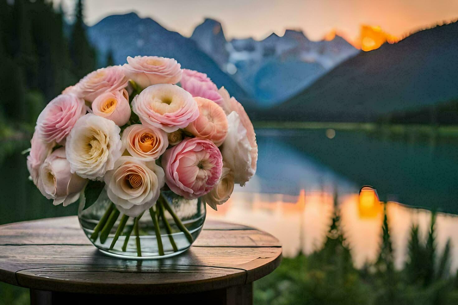 photo wallpaper flowers, the sky, mountains, flowers, the sun, flowers, flowers, flowers. AI-Generated