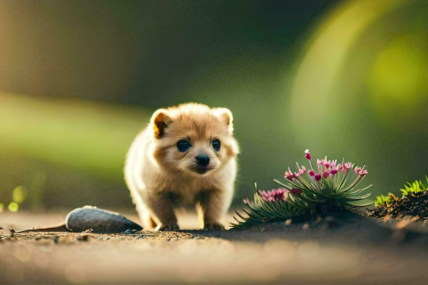 a small puppy is walking on the ground near flowers. AI-Generated photo