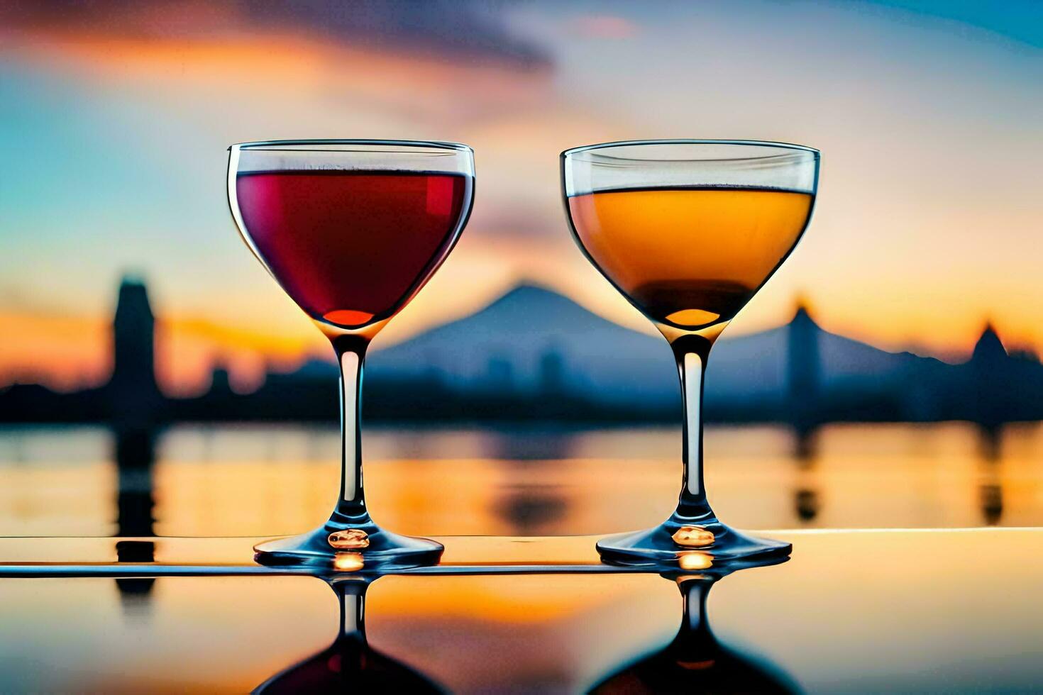 two glasses of wine are sitting on a table with a city in the background. AI-Generated photo