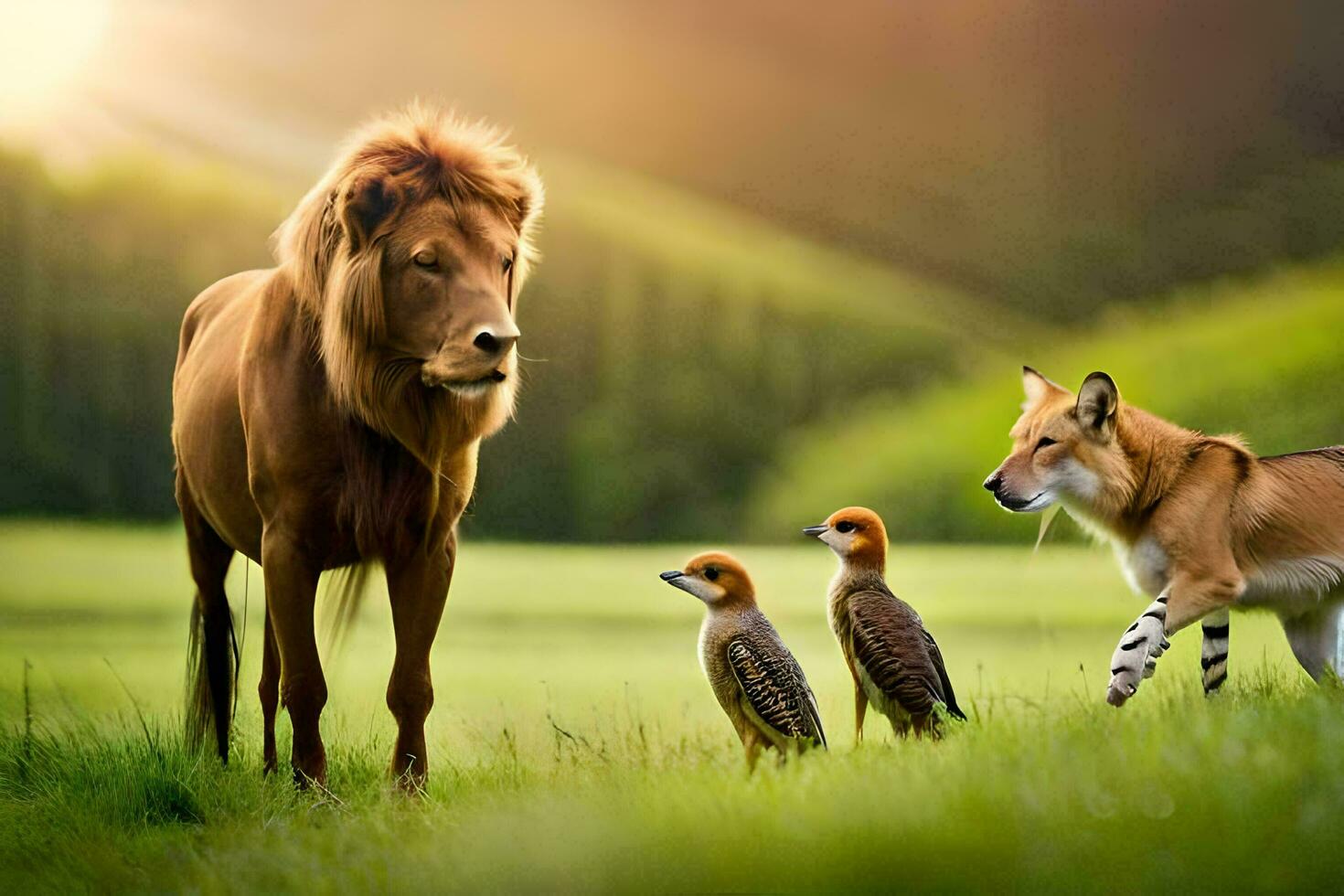 a lion and two birds in a field. AI-Generated photo
