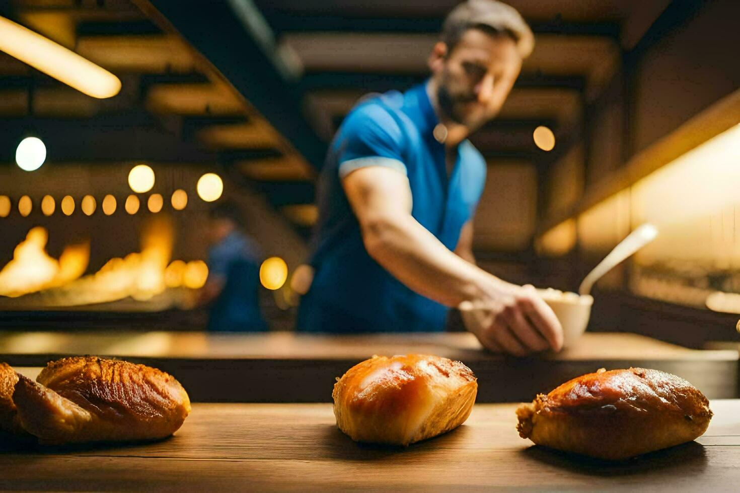 a man is preparing bread on a counter. AI-Generated photo
