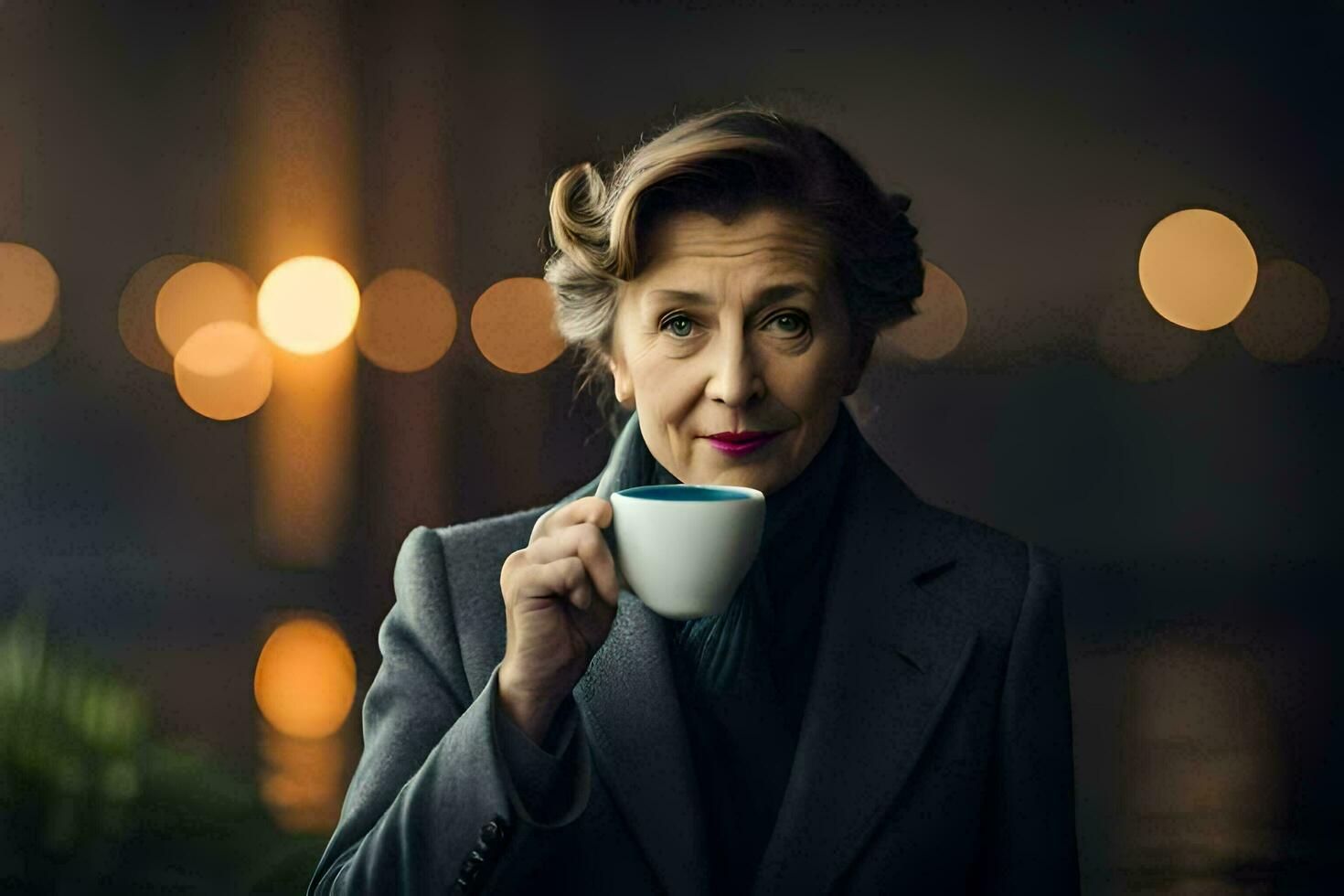 an older woman holding a coffee cup. AI-Generated photo