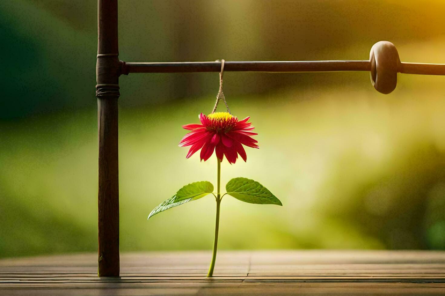 a red flower is hanging from a metal pole. AI-Generated photo