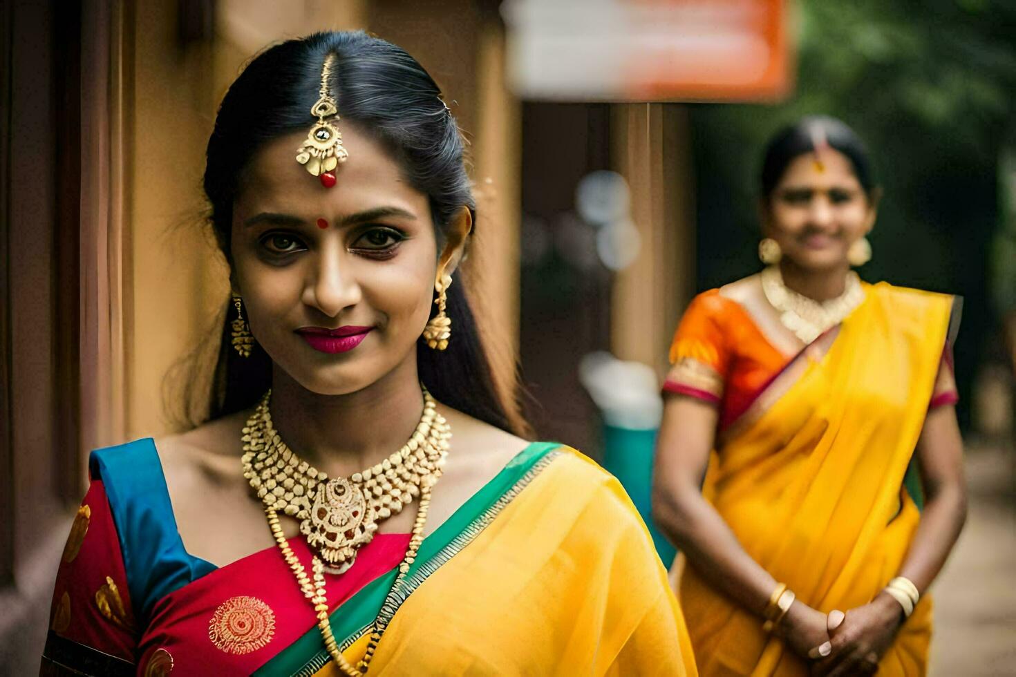 two women in traditional saris standing in front of a building. AI-Generated photo