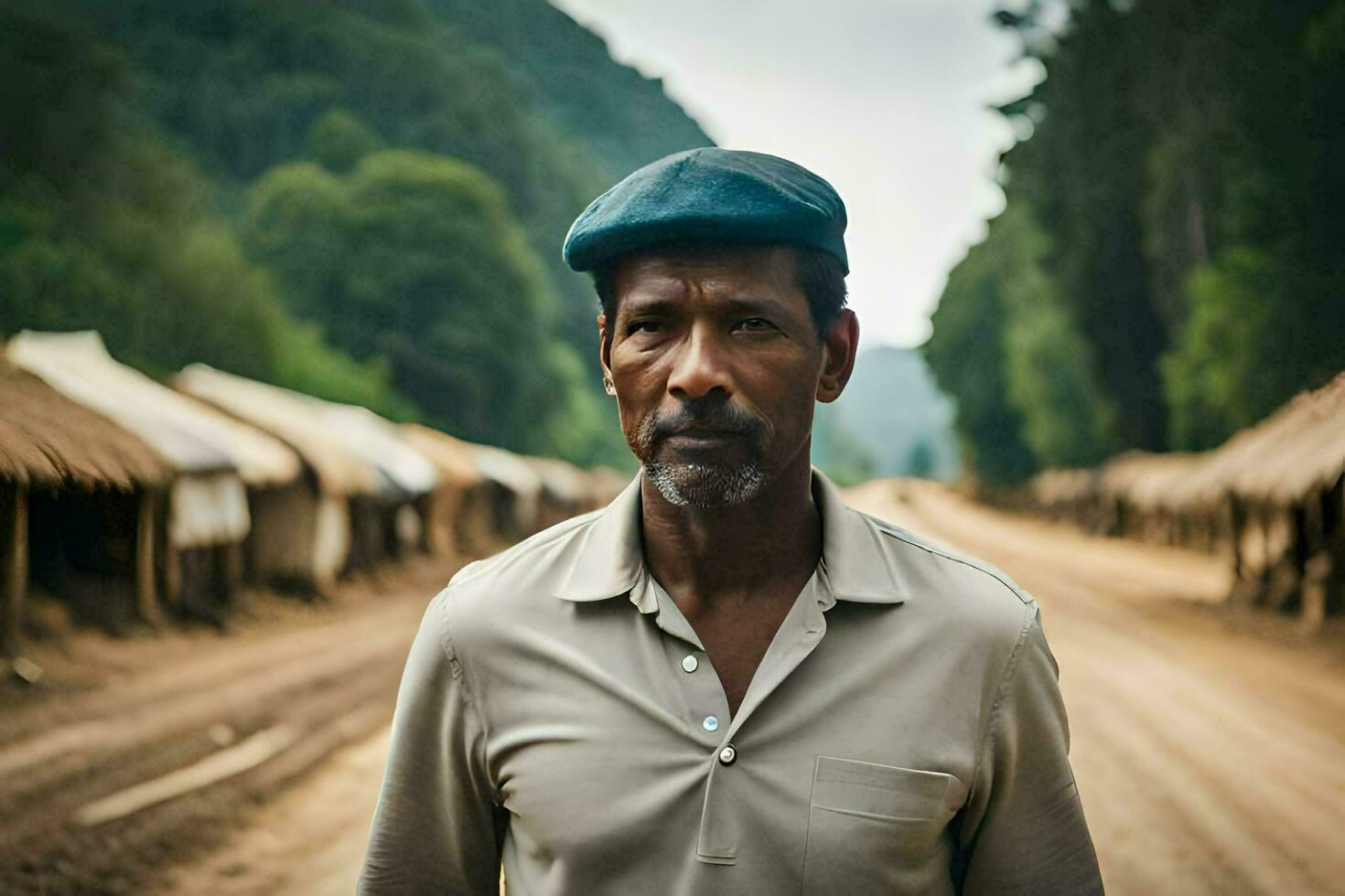 a man stands in front of a line of huts. AI-Generated photo