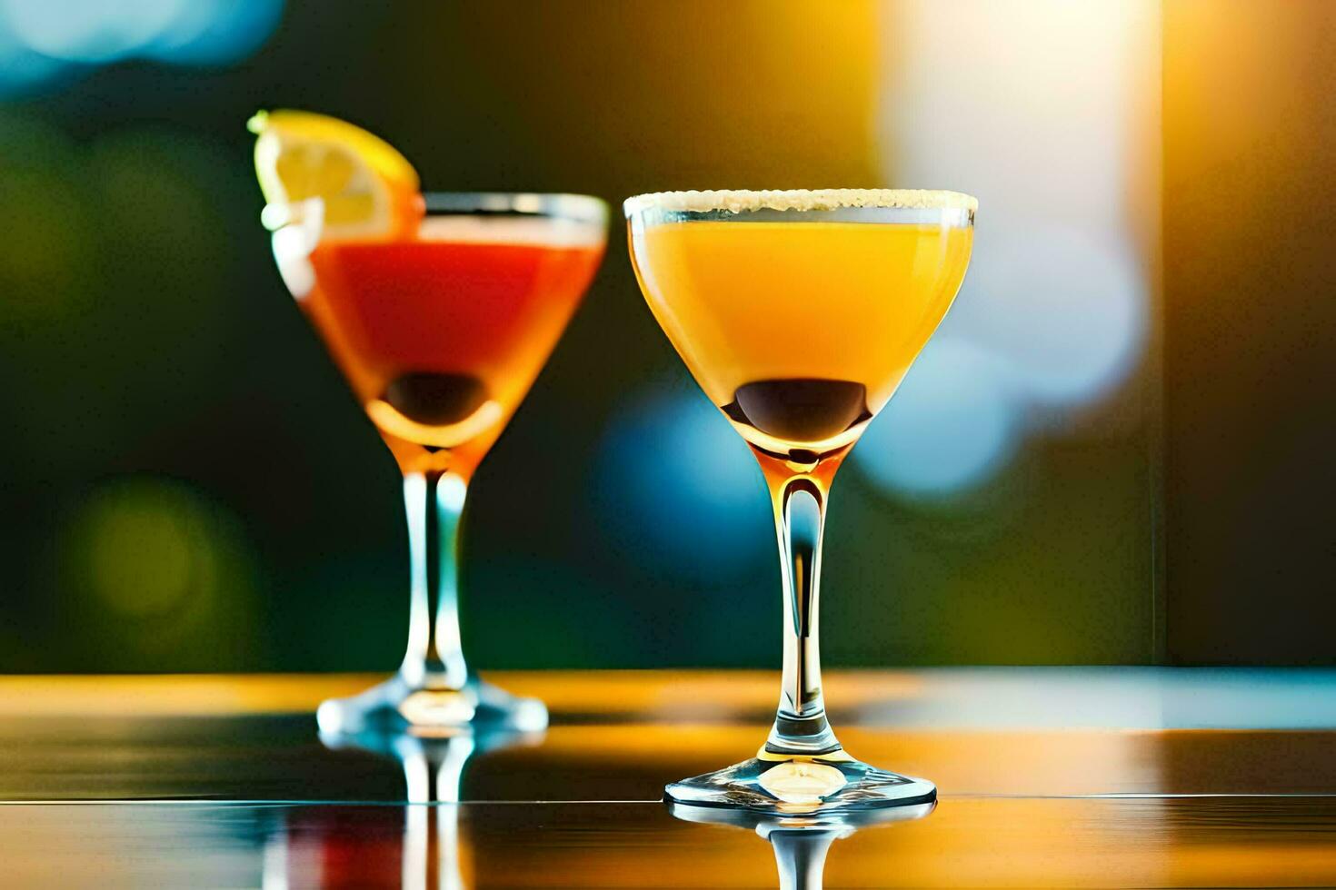 two glasses of cocktails on a table. AI-Generated photo