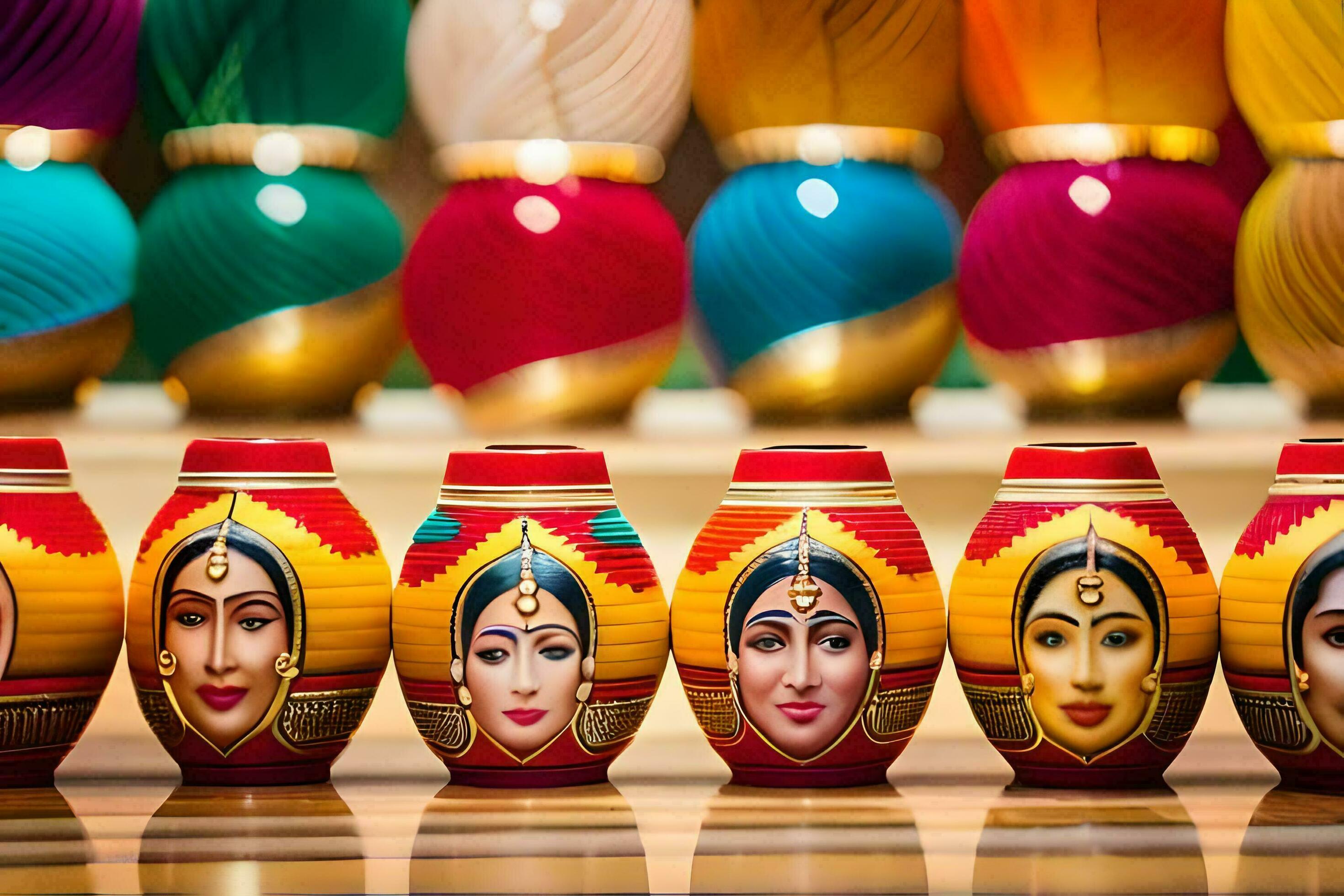 many colorful vases with faces on them. AIGenerated 30285776 Stock