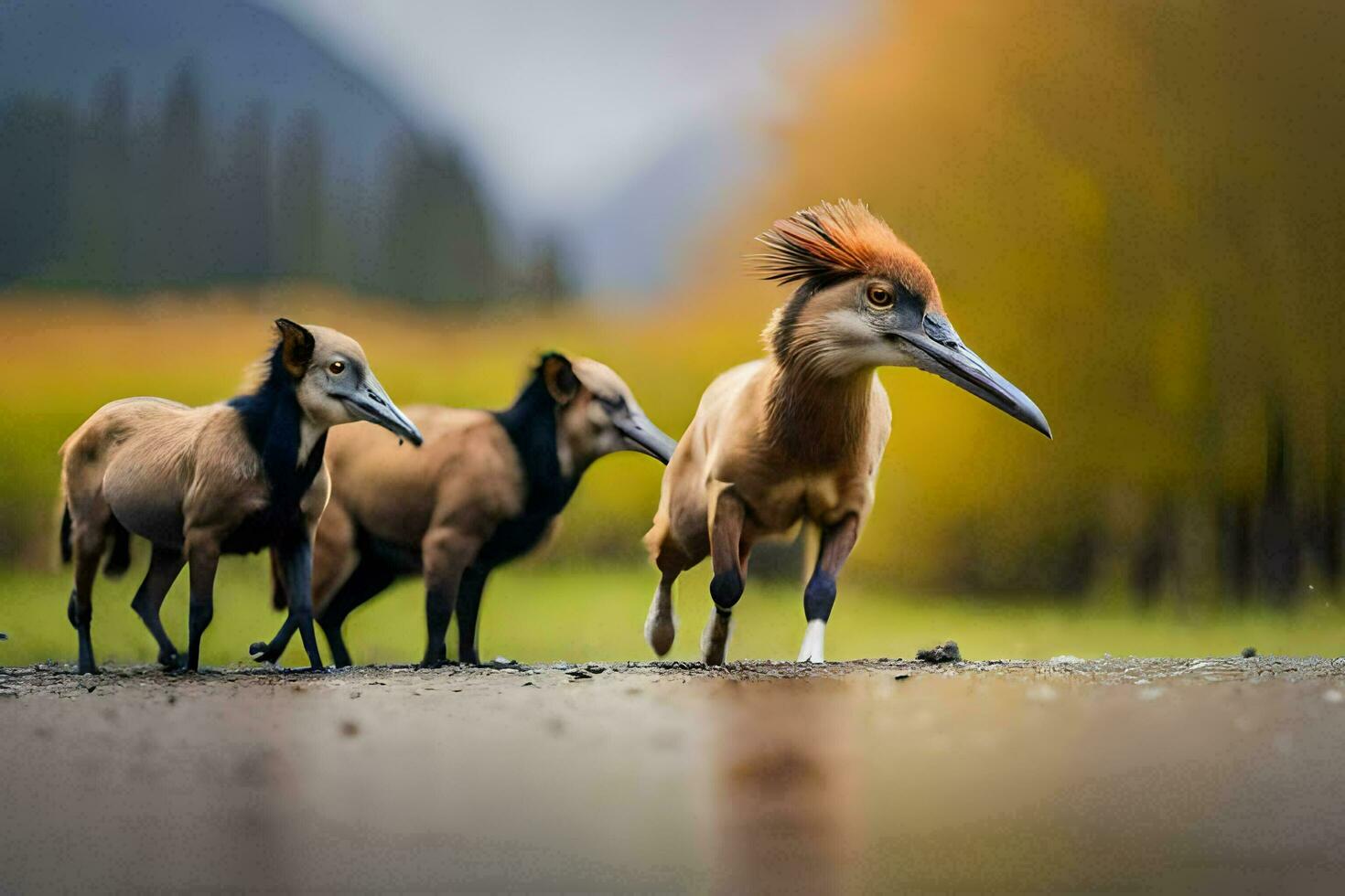 three animals walking on a road in the middle of a field. AI-Generated photo