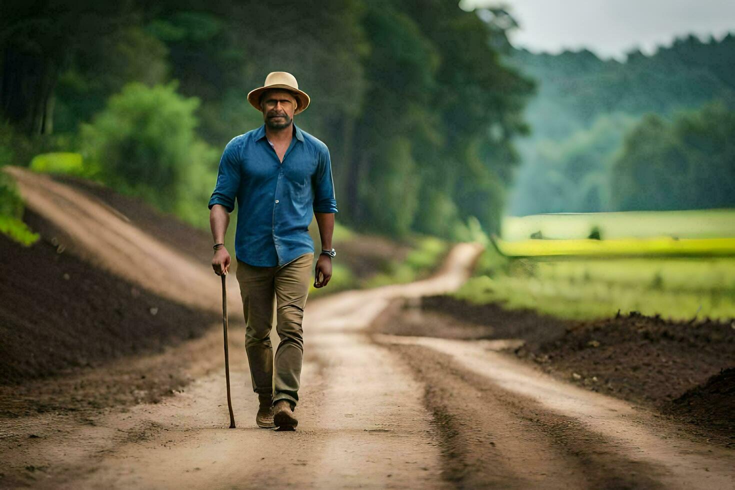 a man in a hat and blue shirt walking down a dirt road. AI-Generated photo