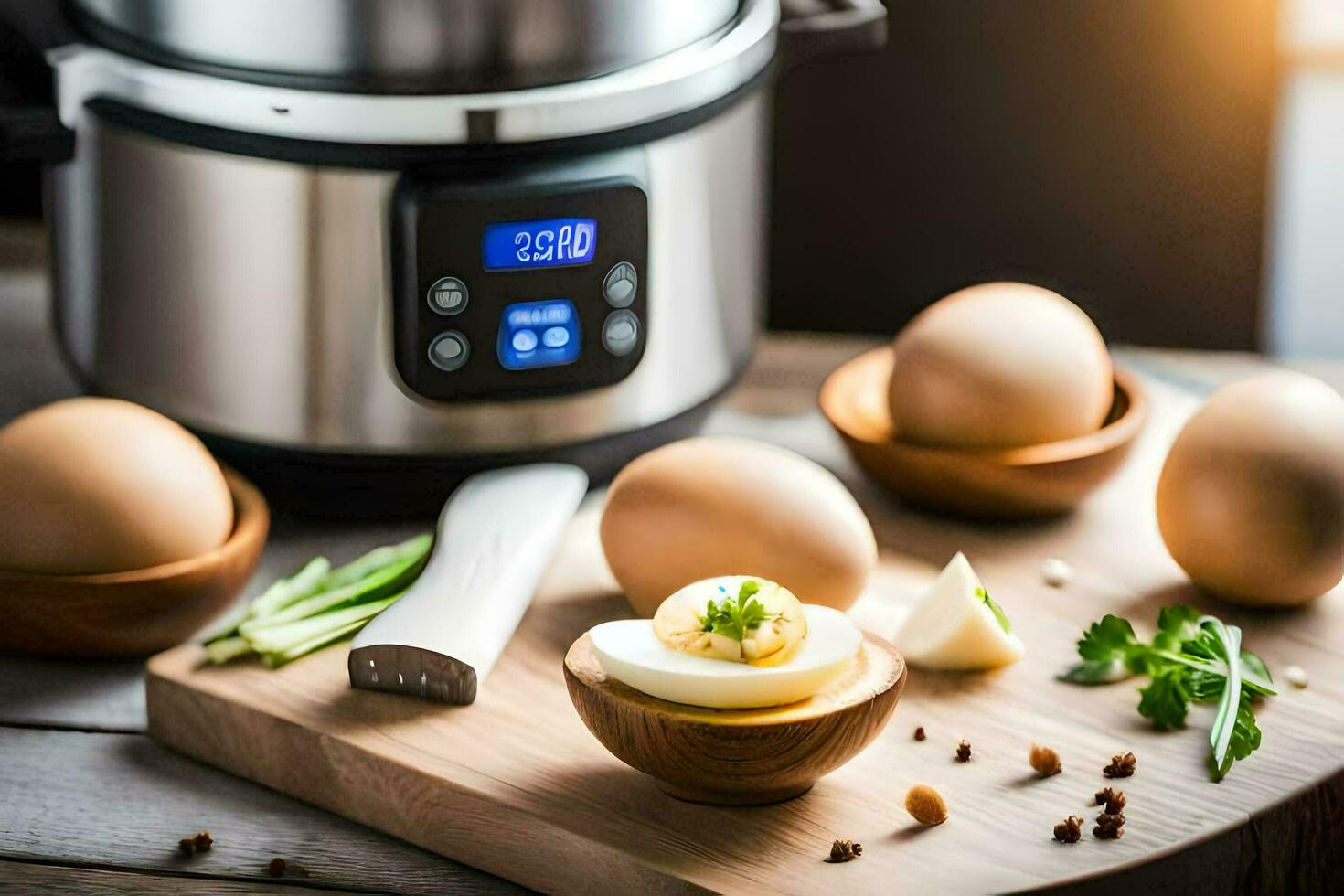 an electric pressure cooker with eggs and herbs. AI-Generated photo