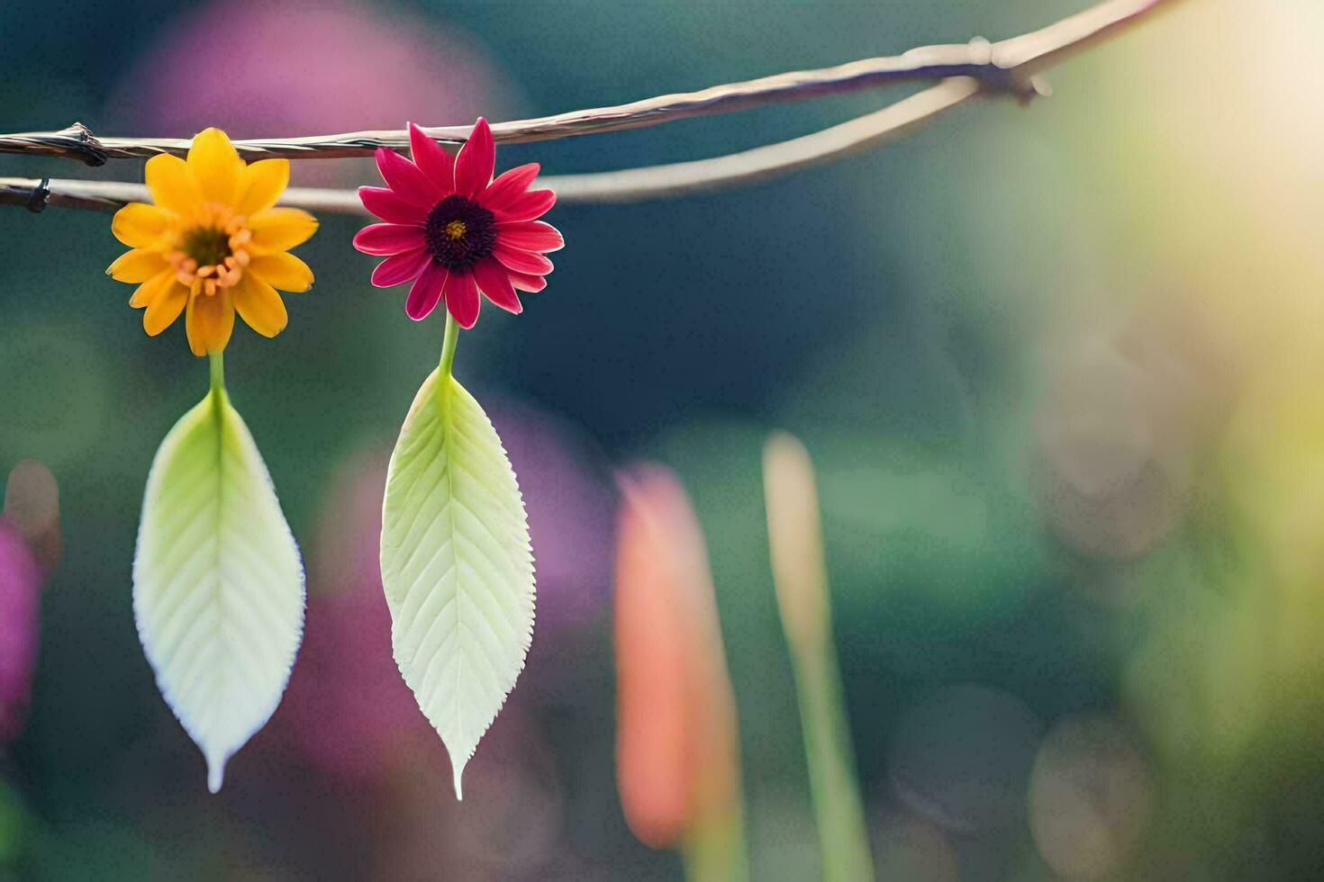 two colorful flowers are hanging from a branch. AI-Generated photo