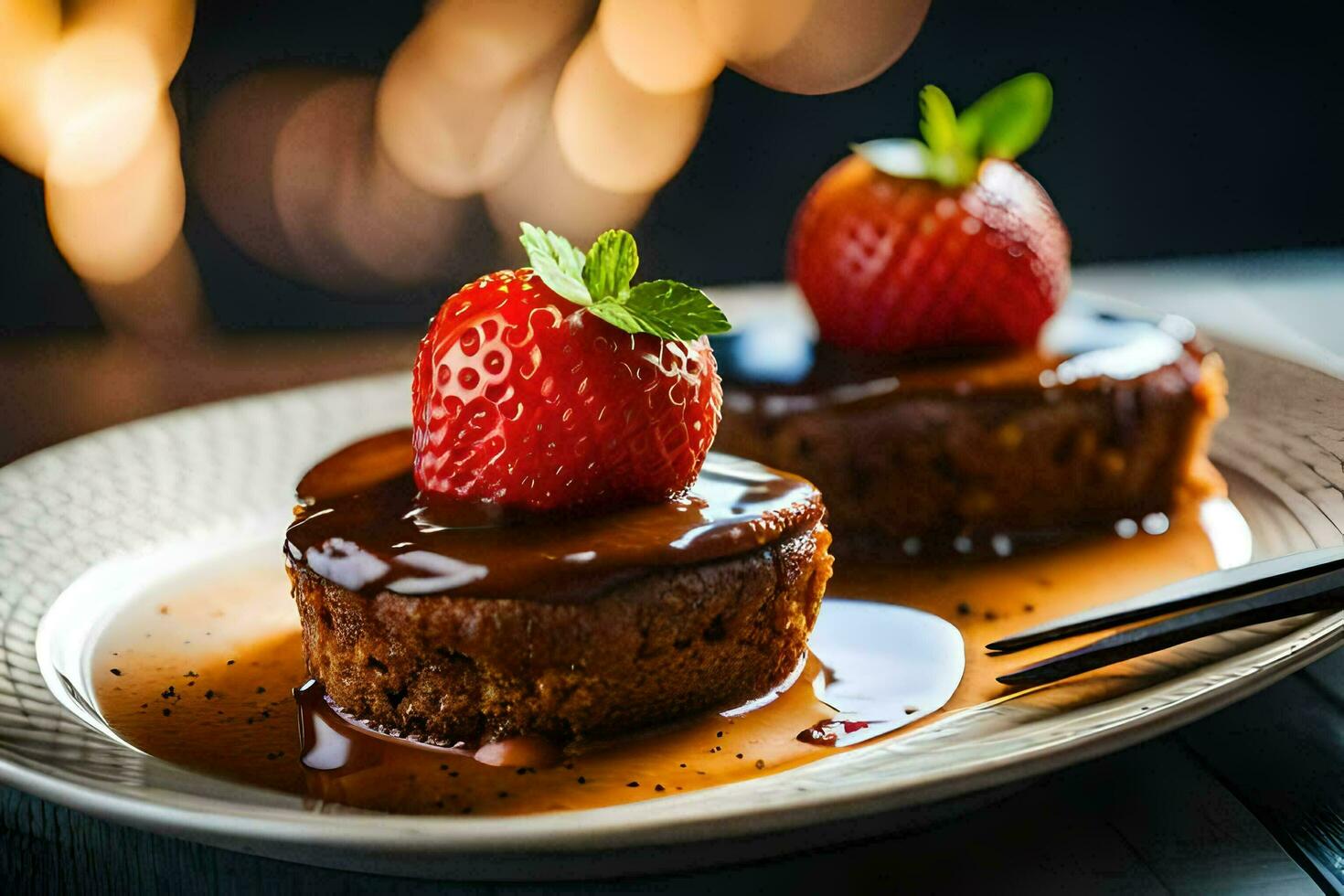 two cakes with strawberries on top on a plate. AI-Generated photo