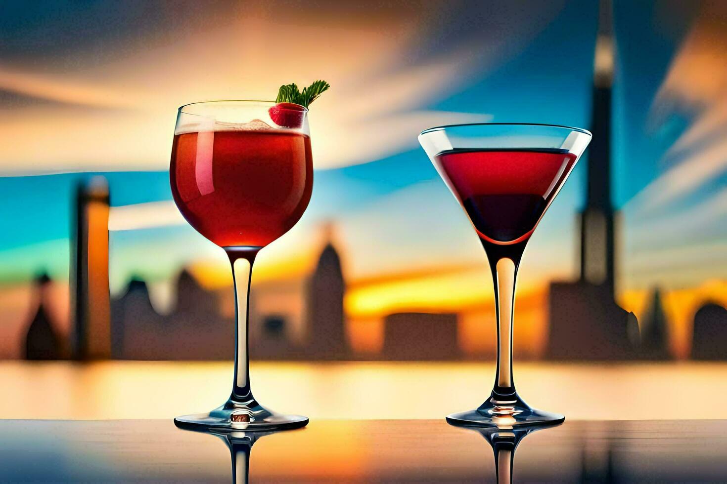 two glasses of red wine with a city skyline in the background. AI-Generated photo