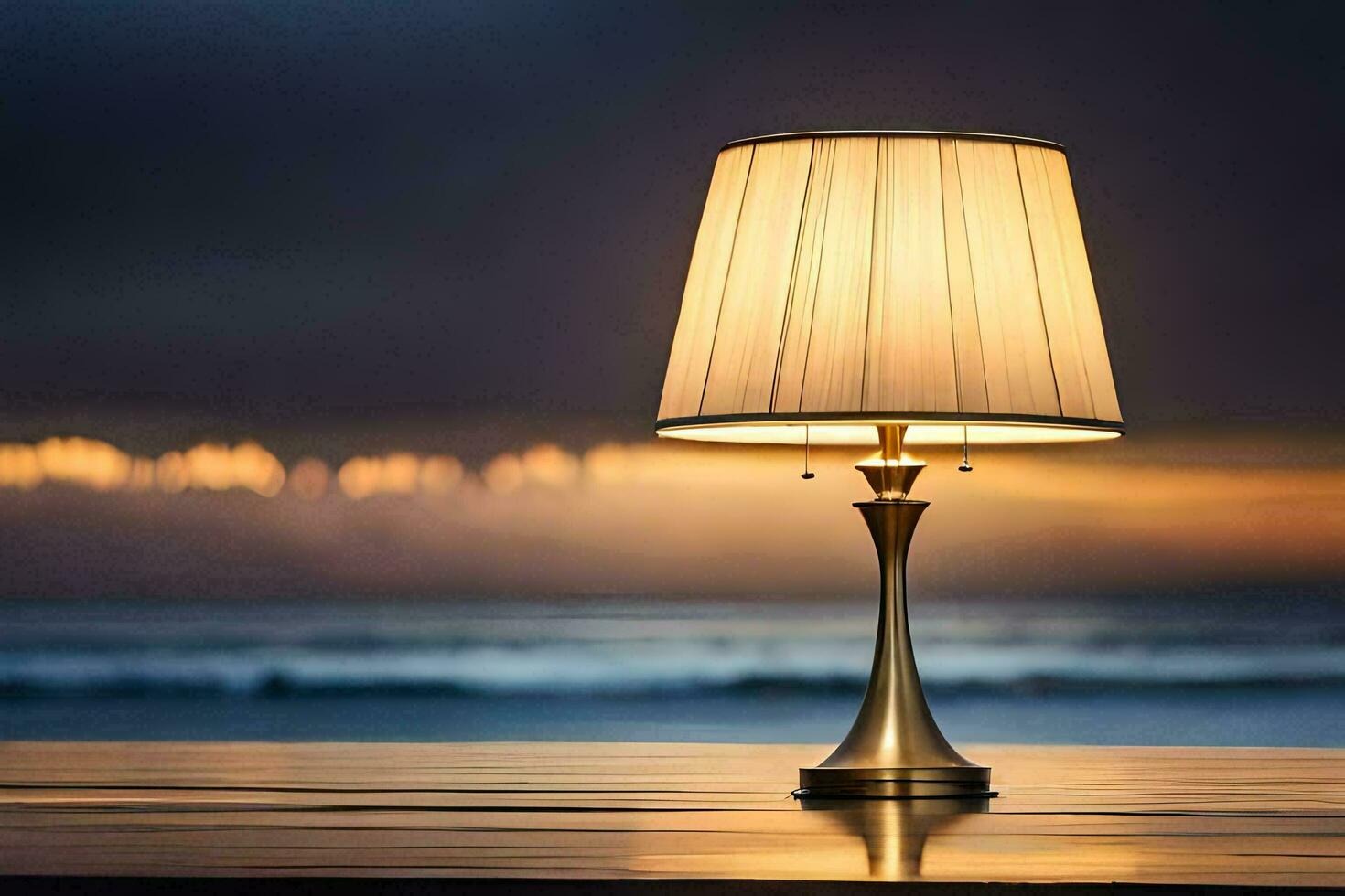 un lámpara en un mesa en frente de el océano. generado por ai foto