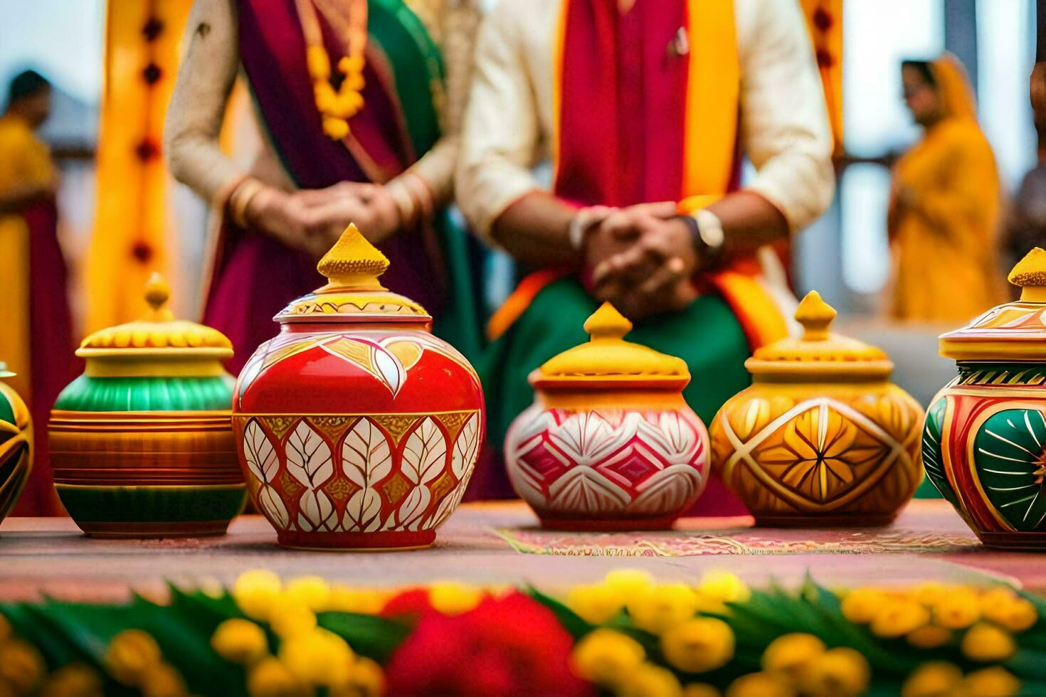 indian wedding ceremony with colorful pots. AI-Generated photo