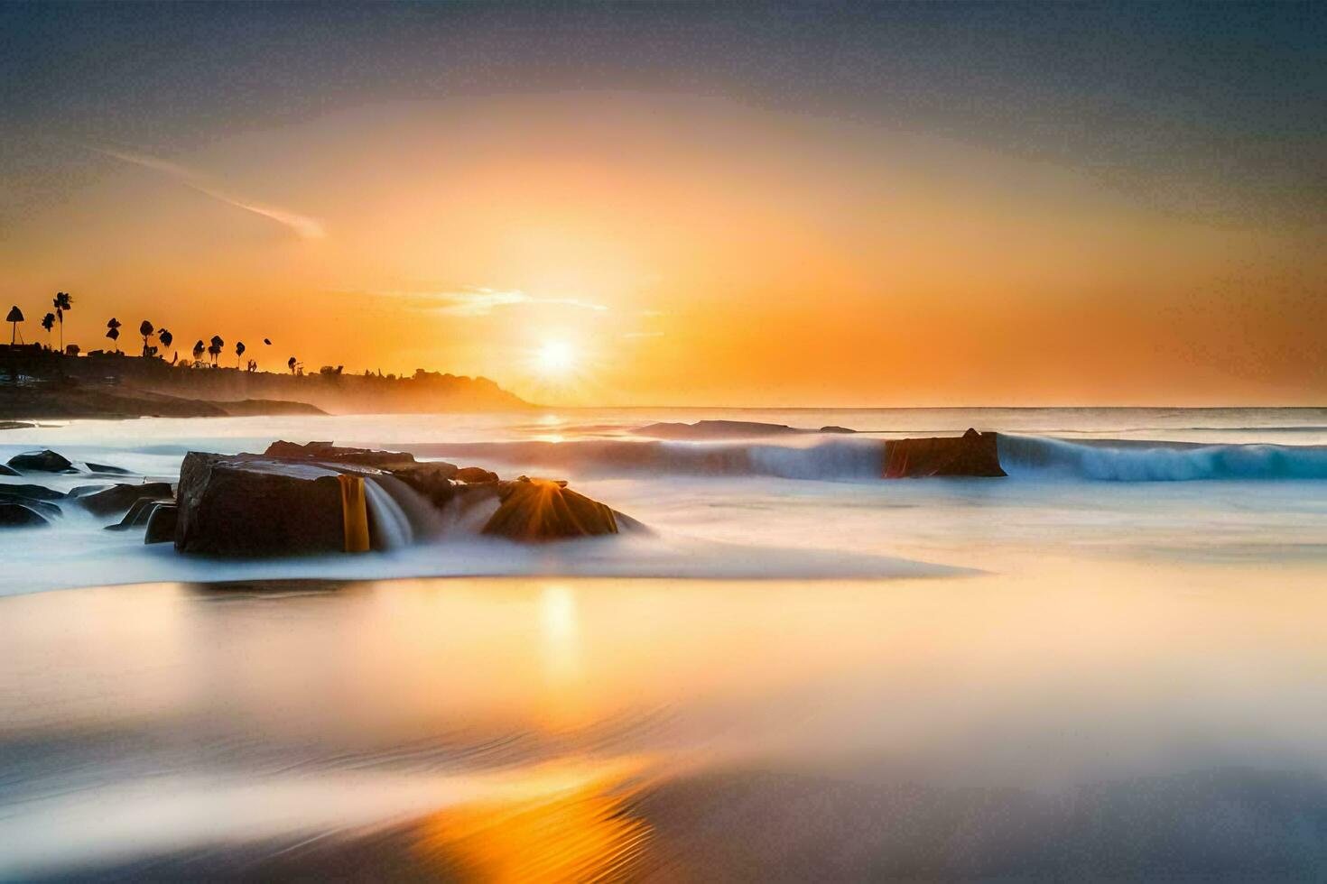 the sun sets over the ocean and waves. AI-Generated photo