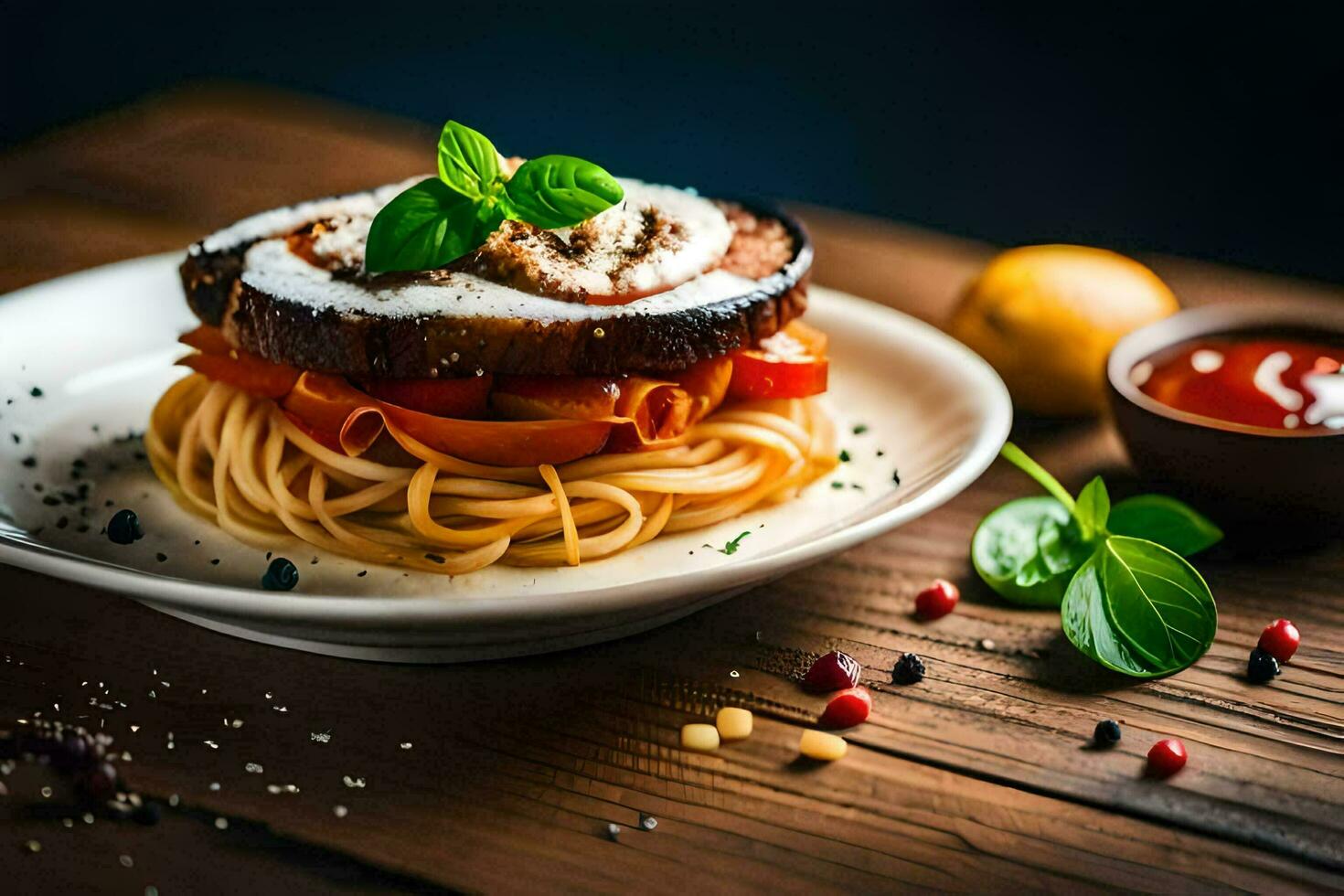 a plate of spaghetti with meat and tomatoes. AI-Generated photo