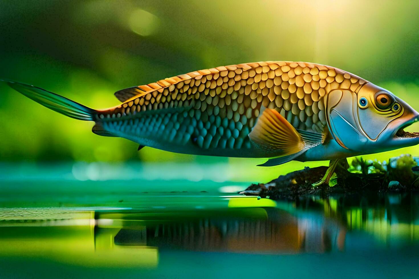 fish in the water with grass and sunlight. AI-Generated photo