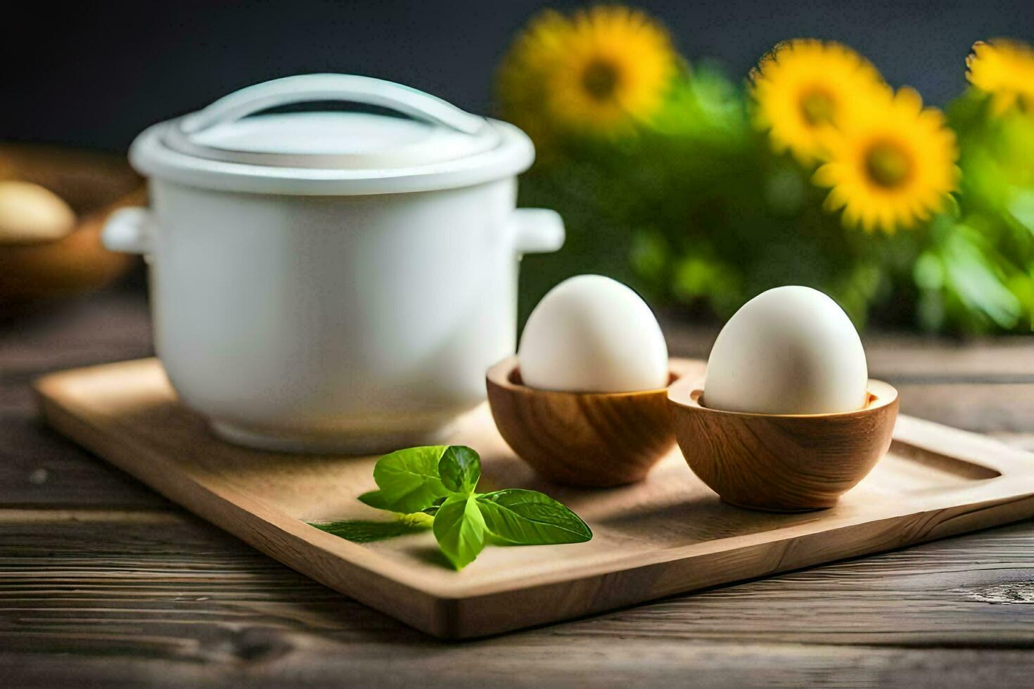 eggs on a wooden tray with a pot and a sunflower. AI-Generated photo