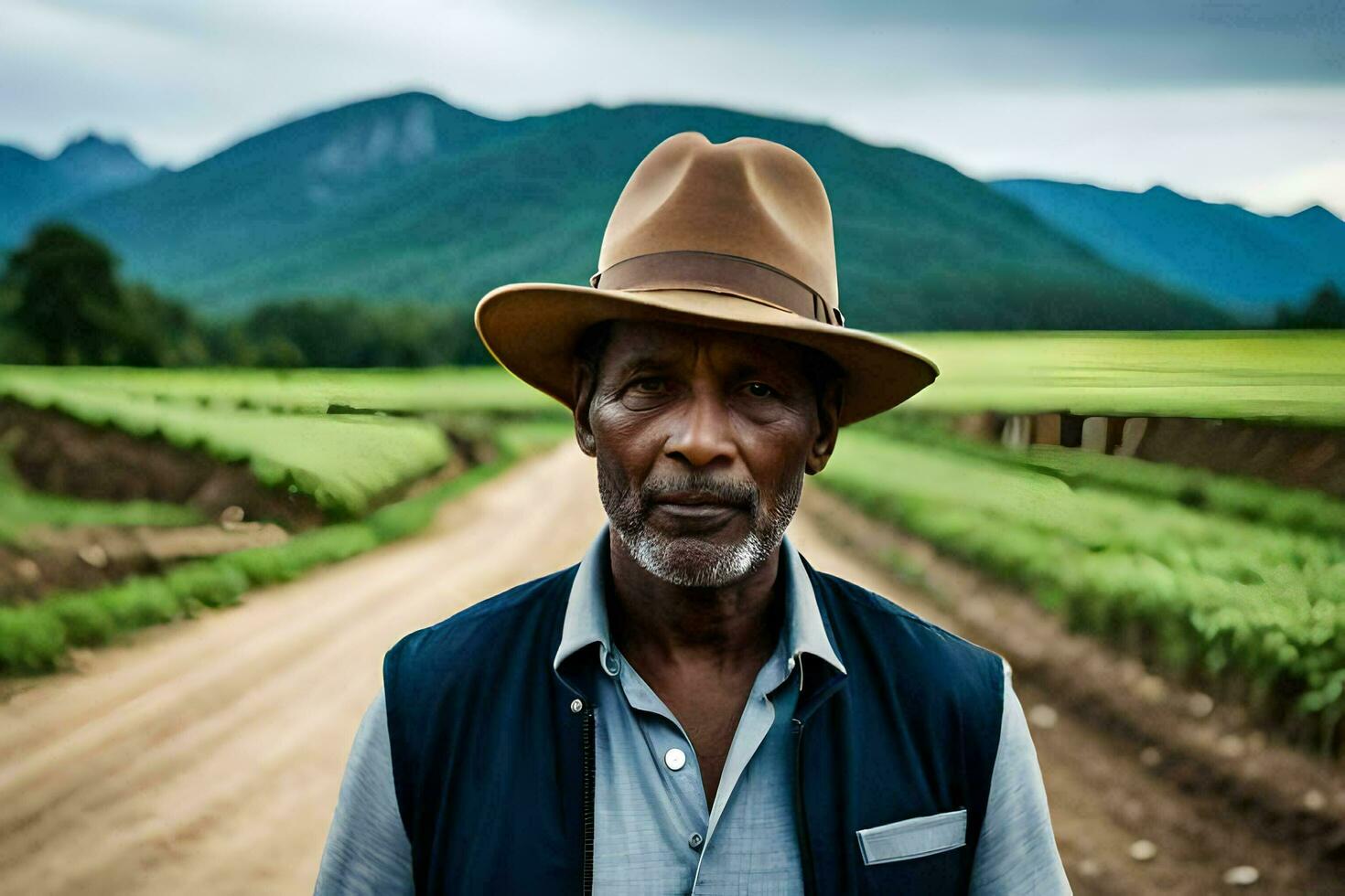 a man in a hat standing in a field. AI-Generated photo