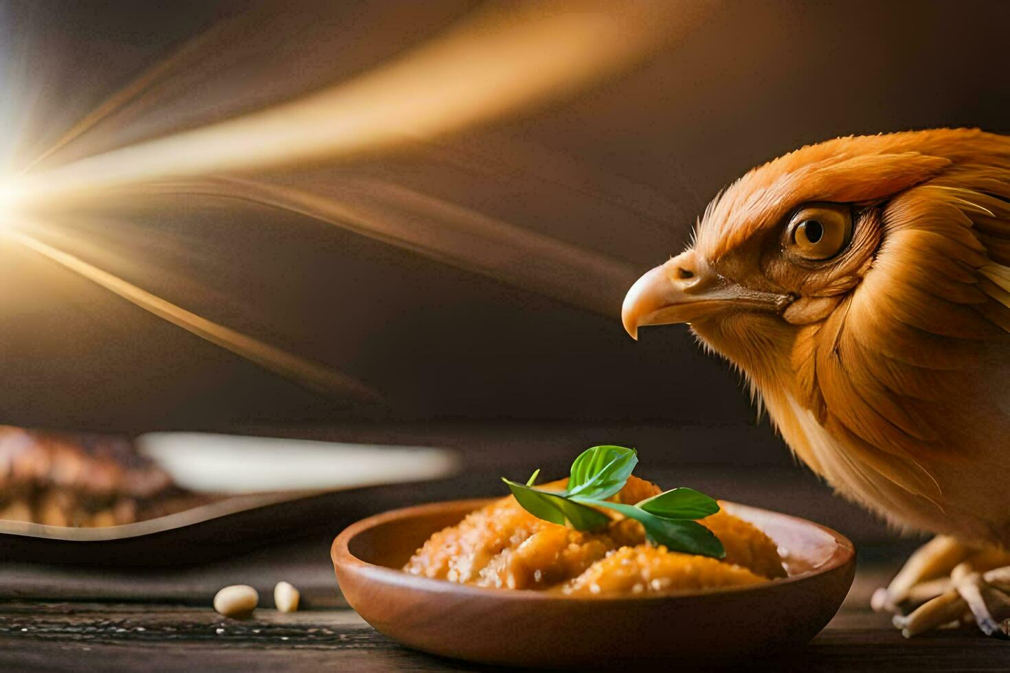 a chicken is sitting on a wooden table with a bowl of food. AI-Generated photo