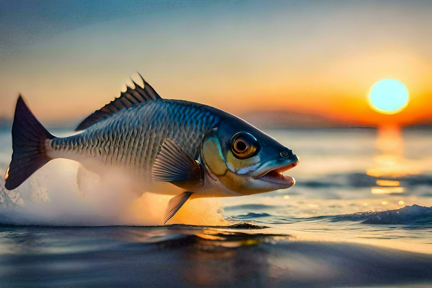 a fish is jumping out of the water at sunset. AI-Generated photo